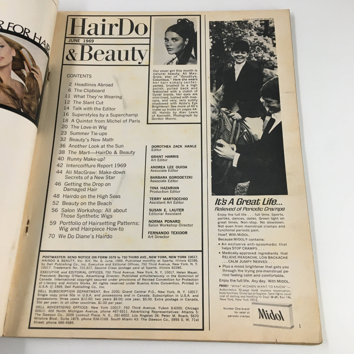 Inside page of VTG Hairdo & Beauty Magazine June 1969, highlighting the table of contents and features, including fashion and beauty trends.