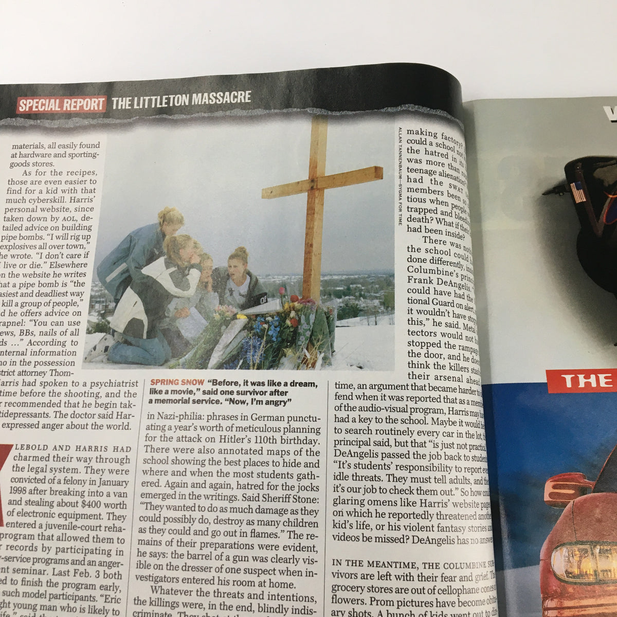 Time Magazine May 3 1999 The Monsters Next Door, featuring a memorial scene with mourners at a cross for victims of the Columbine shooting.