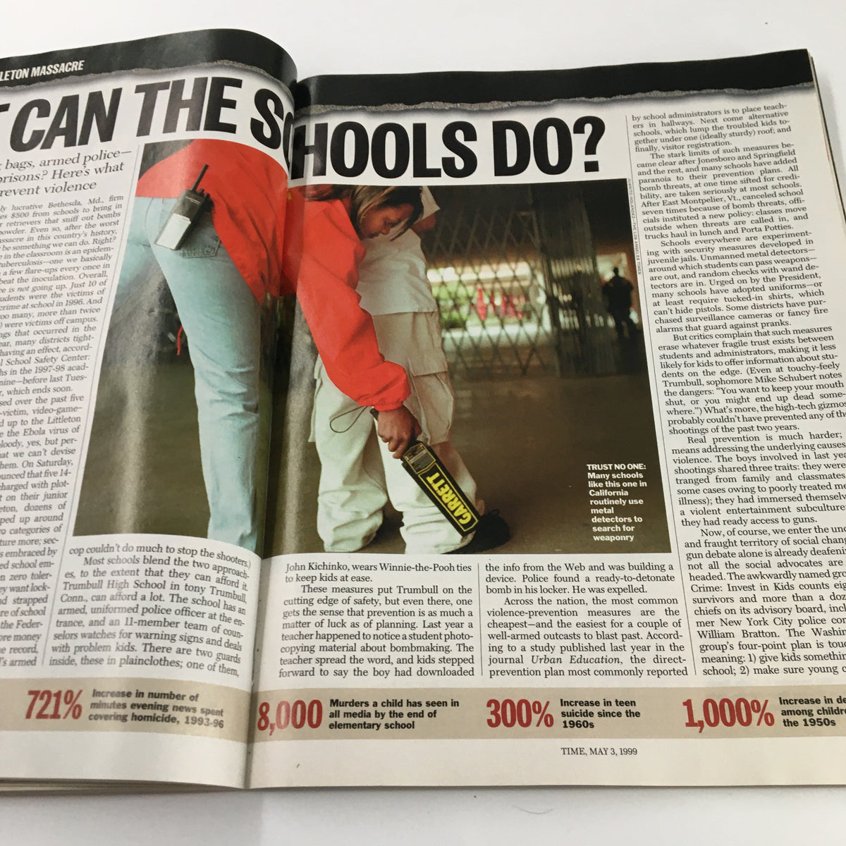 Time Magazine May 3 1999 The Monsters Next Door, highlighting preventive measures in schools with an image of a student using a detection device.
