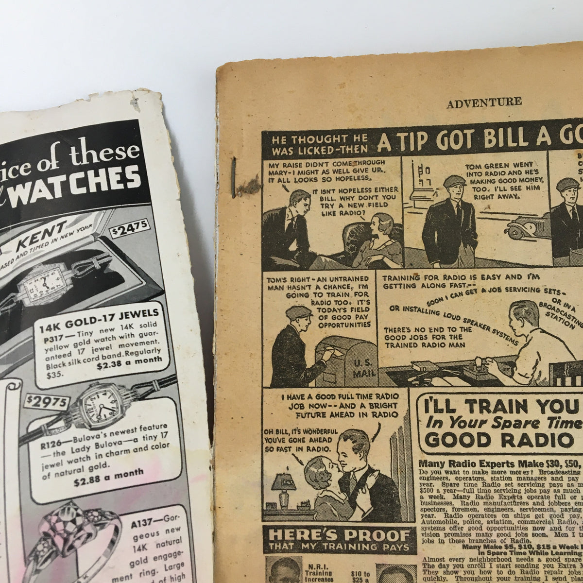 Inside view of the VTG Adventure Magazine September 1937, displaying vintage advertisements and pages of the magazine.