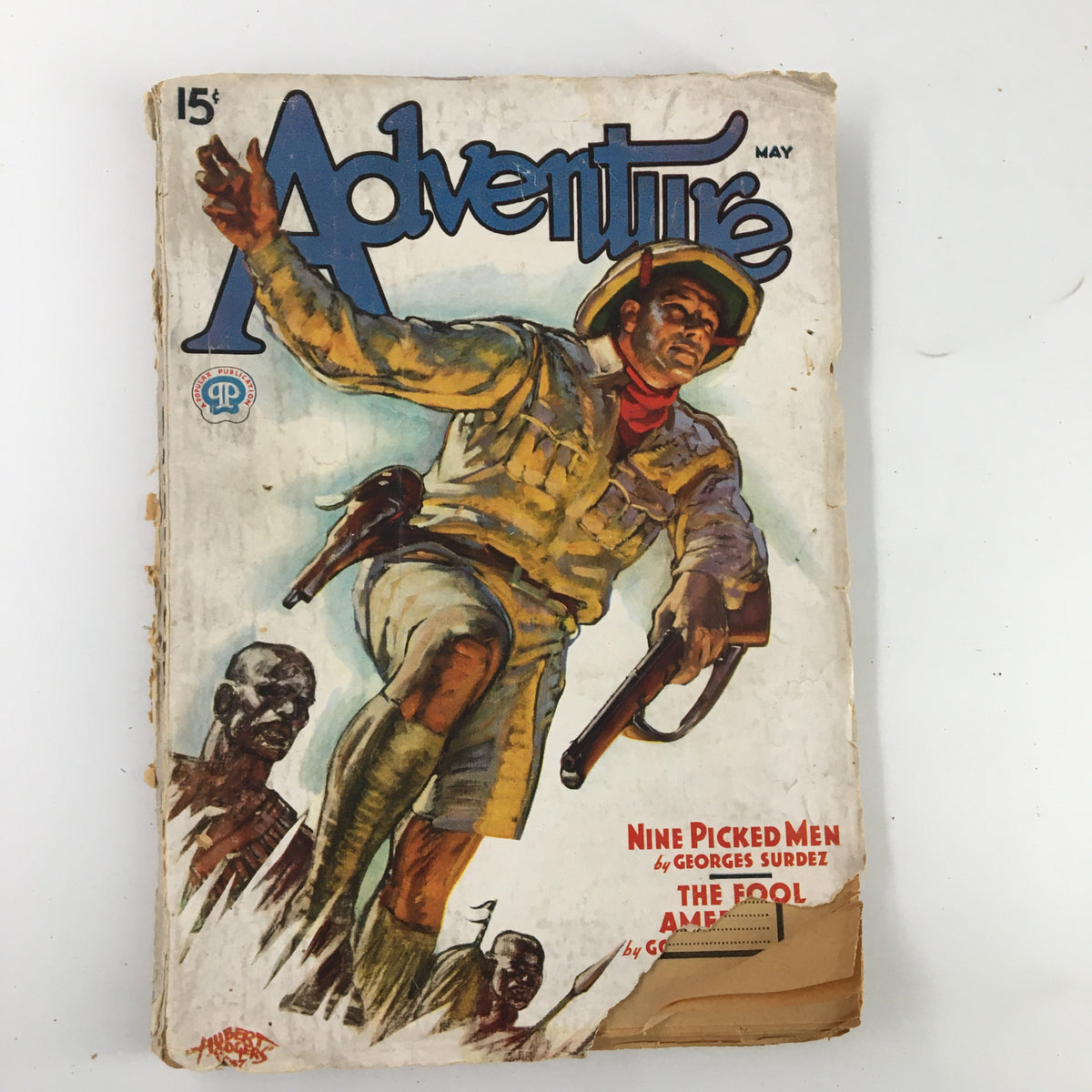 Cover of VTG Adventure Magazine May 1937 featuring the title and a dramatic illustration of a soldier. This issue includes the story 'Nine Picked Men'.