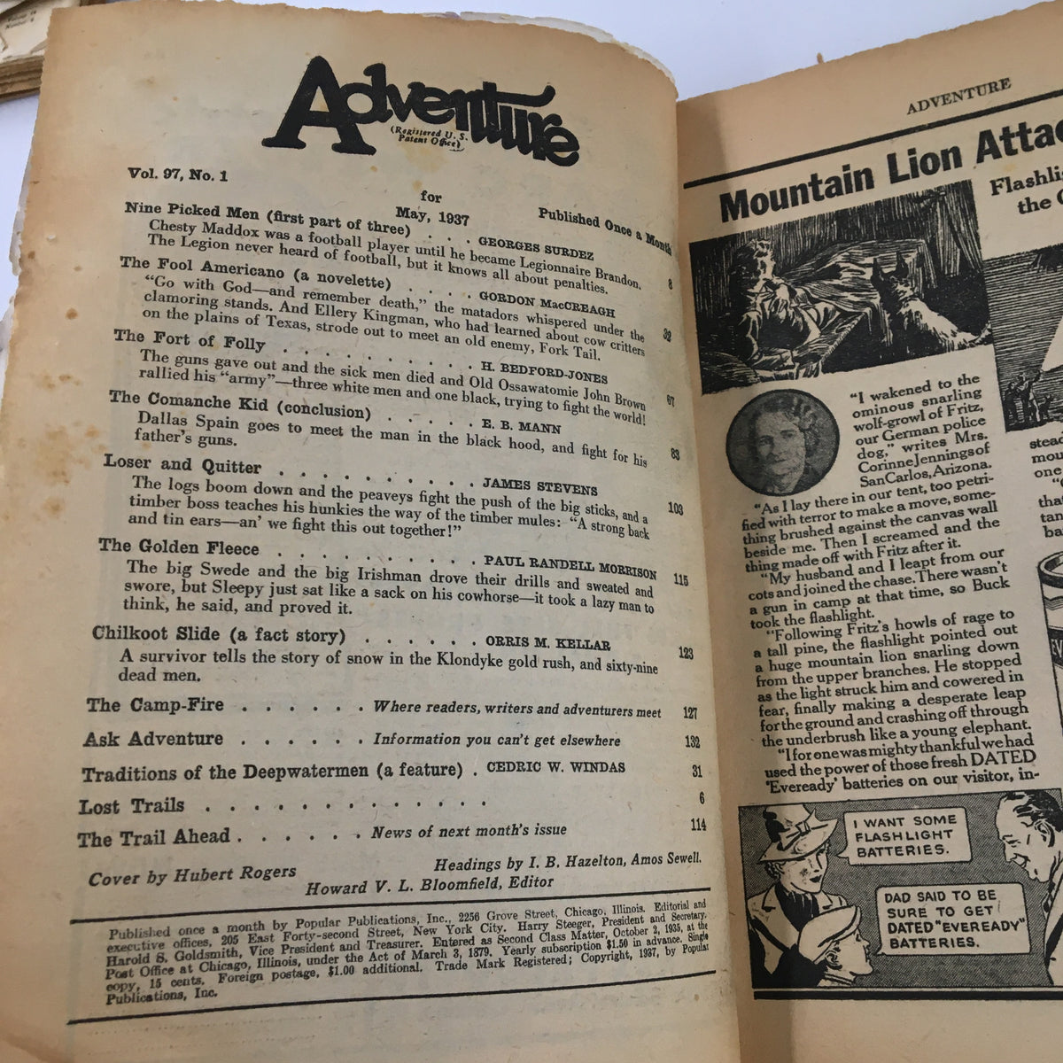 Interior page of VTG Adventure Magazine May 1937 listing contents including 'Nine Picked Men' and features by various authors. The page reflects early 20th-century publishing style.