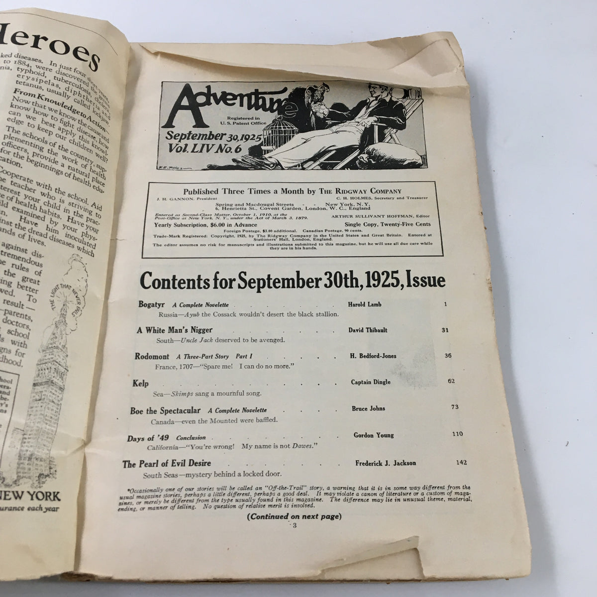Interior page of VTG Adventure Magazine September 30 1925 showing the table of contents, featuring noteworthy works including 'A White Man's Nigger' and listing various authors.