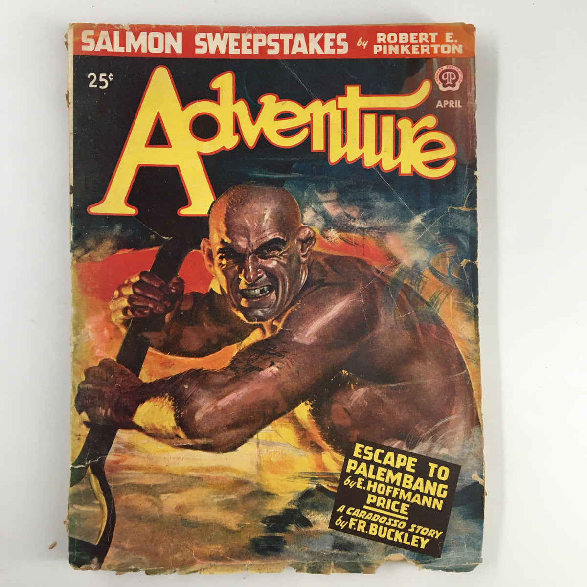 Cover of VTG Adventure Magazine, April 1947, featuring dramatic artwork related to 'Escape to Palembang' by E. H. Price. The magazine displays vibrant colors and vintage style, showcasing its collectible nature.