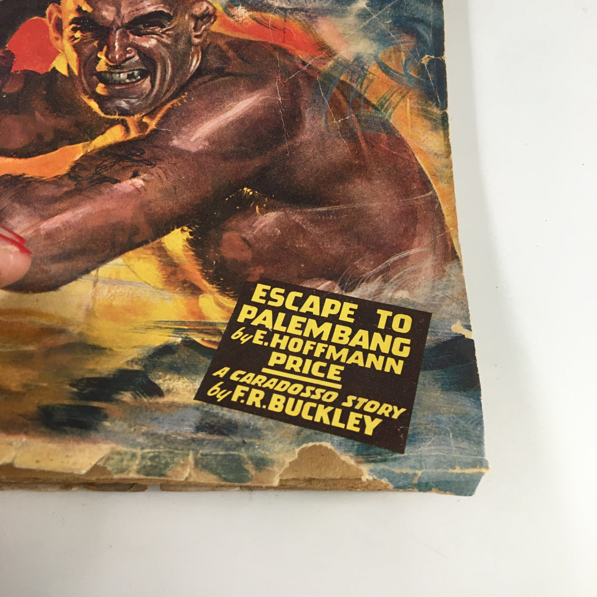 Cover of VTG Adventure Magazine April 1947 featuring 'Escape to Palembang' by E. Hoffman Price, showcasing vintage art with a muscular character and captivating colors.