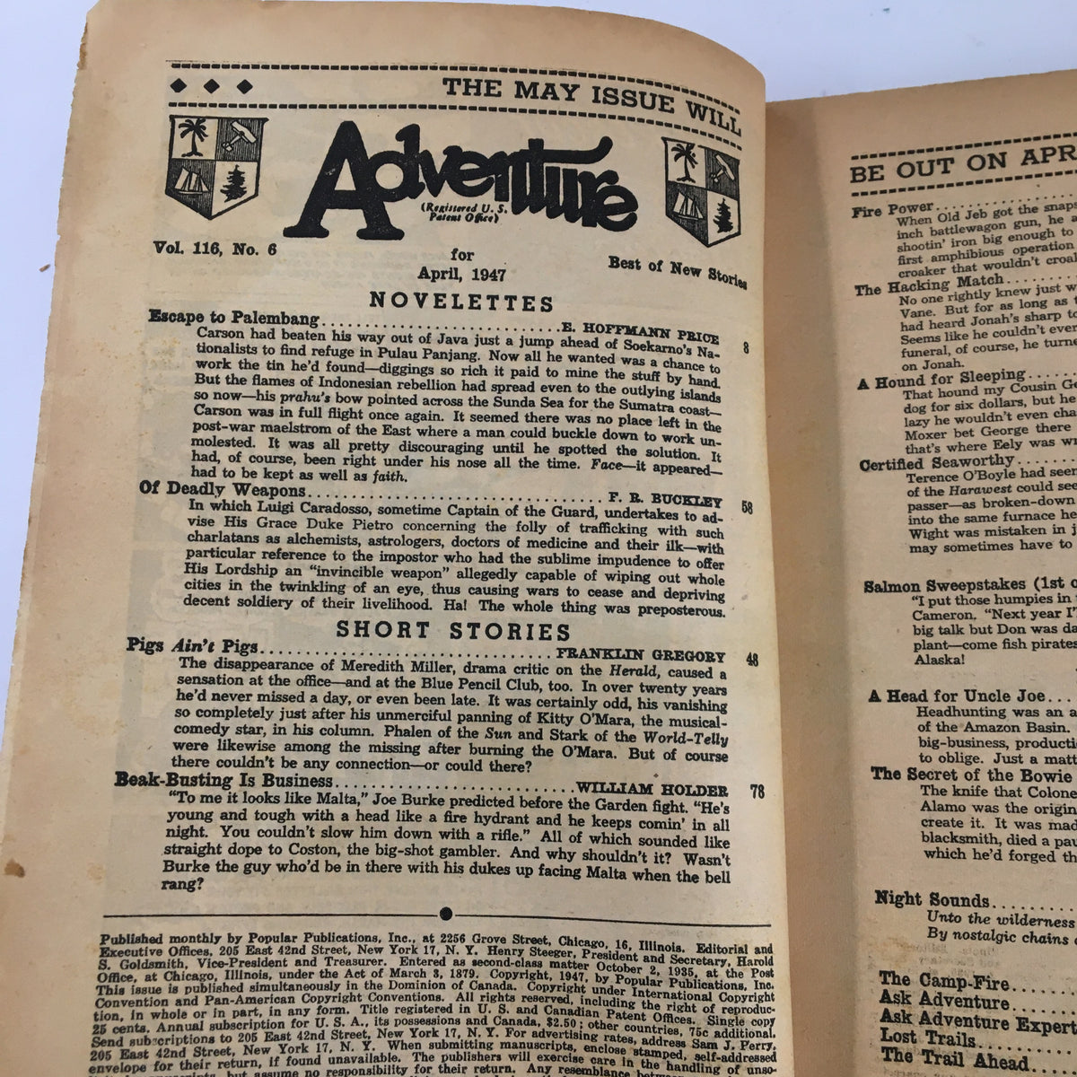 Inside page of VTG Adventure Magazine April 1947 displaying table of contents and narrative highlights including 'Escape to Palembang' by E. Hoffman Price, with a focus on vintage typography and design.