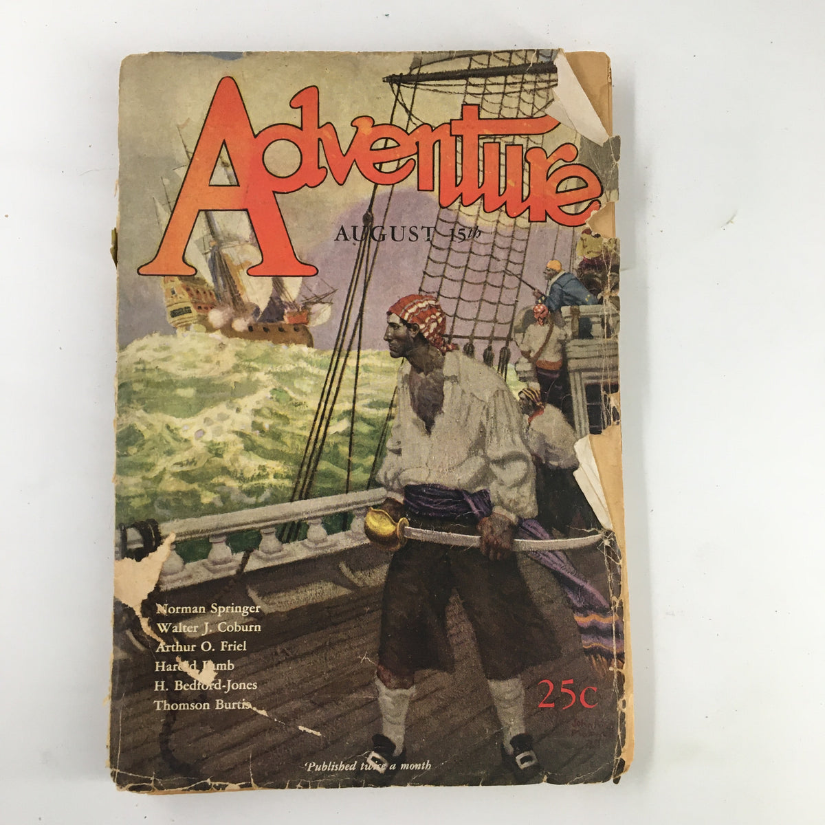 Cover image of VTG Adventure Magazine August 15 1927 featuring a pirate character amidst a dramatic sea adventure scene. This vintage magazine includes the complete novelette 'Brown Sees Rio' and showcases early 20th-century literature's thrilling storytelling.
