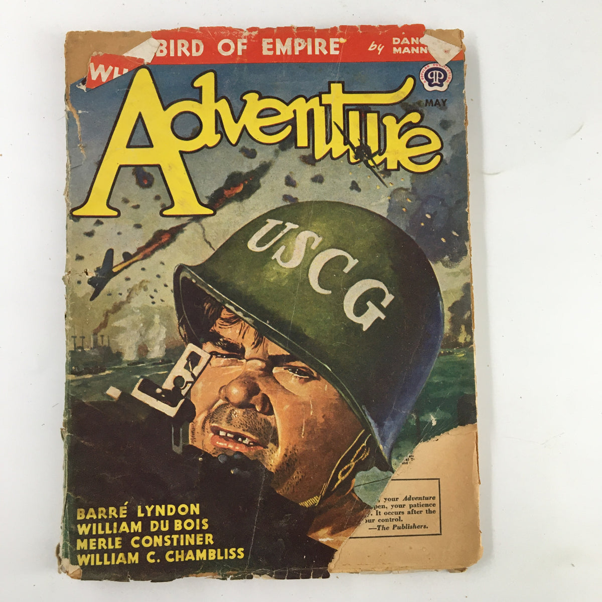 Cover of VTG Adventure Magazine May 1945 featuring a soldier in a USCG helmet amidst wartime action, highlighting the theme of classic pulp fiction and adventure storytelling.