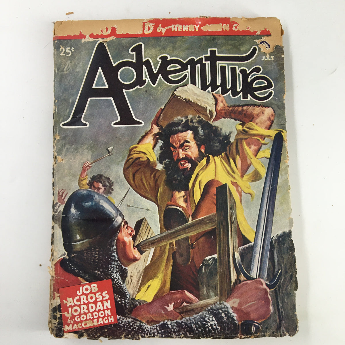 Cover of VTG Adventure Magazine July 1946 depicting a dramatic scene with a man wielding a sword against a bearded figure, highlighting the adventurous theme.