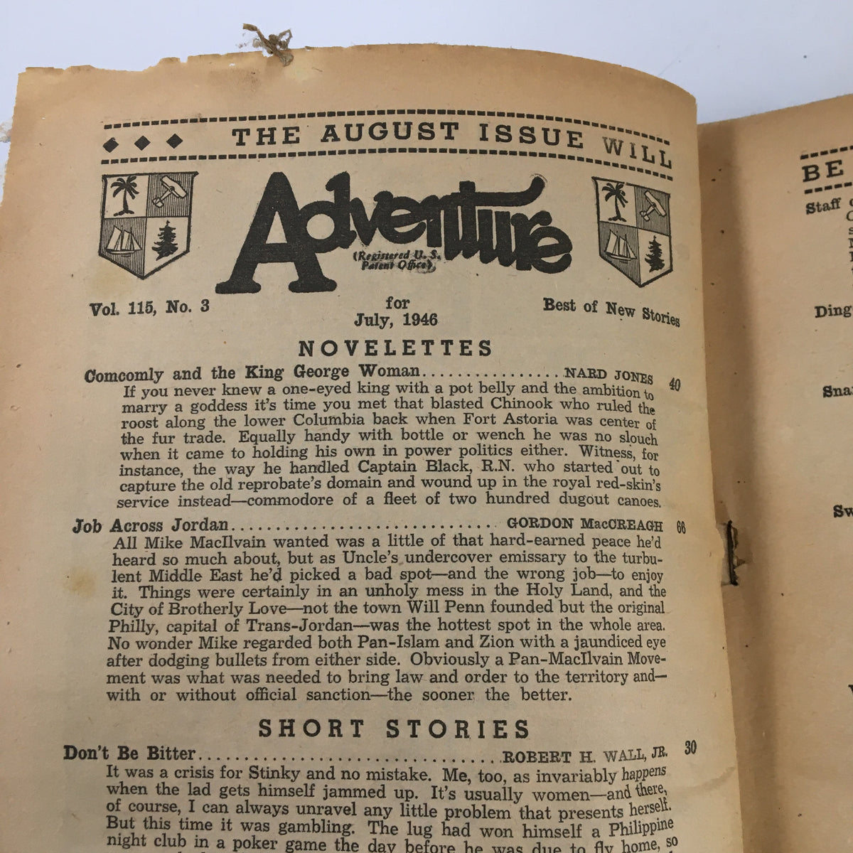 Inside page of VTG Adventure Magazine July 1946 featuring the table of contents with story titles including Comcomly and The King George Woman.