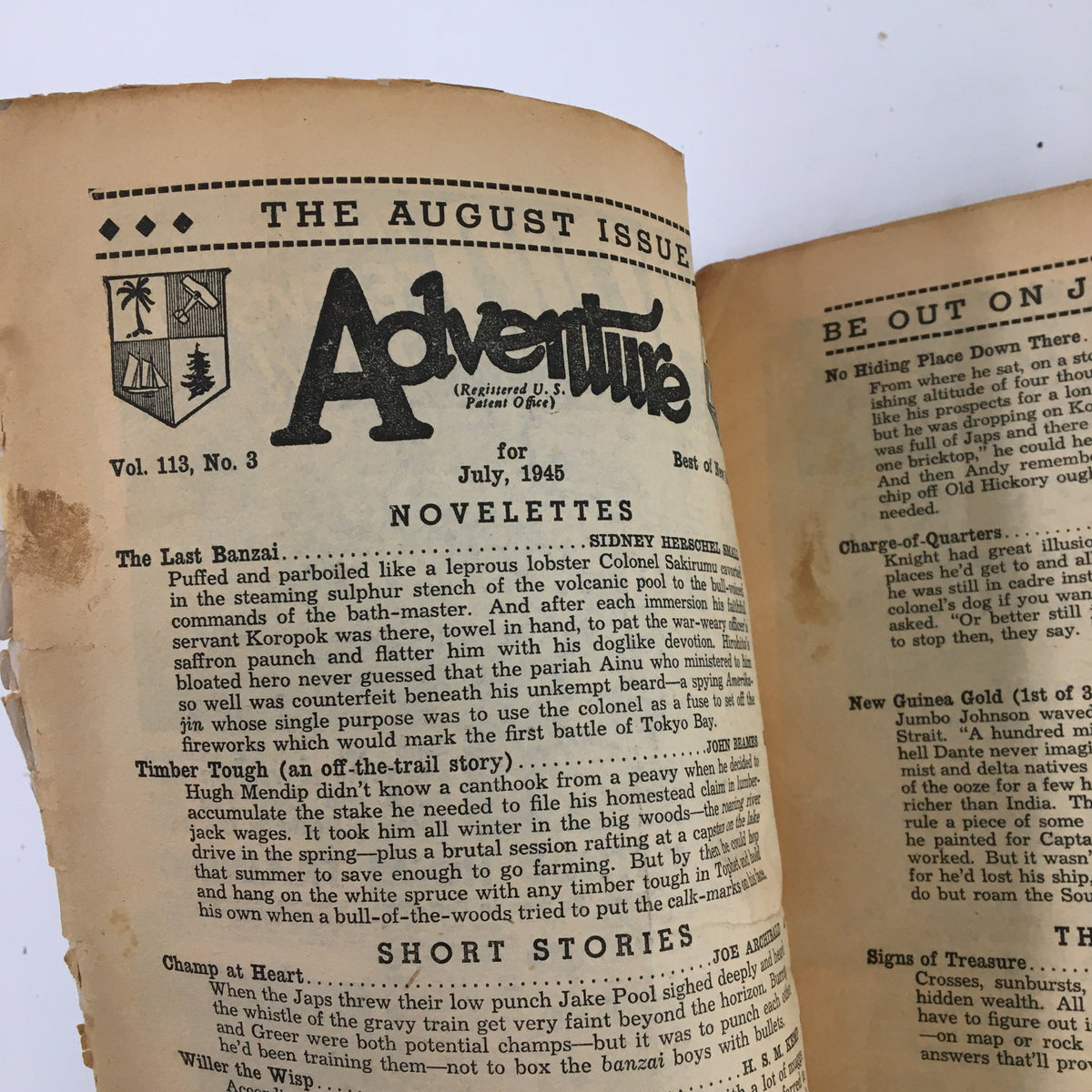 Inside page of VTG Adventure Magazine July 1945 displaying the contents including the novelette "The Last Banzai" and listing short stories.
