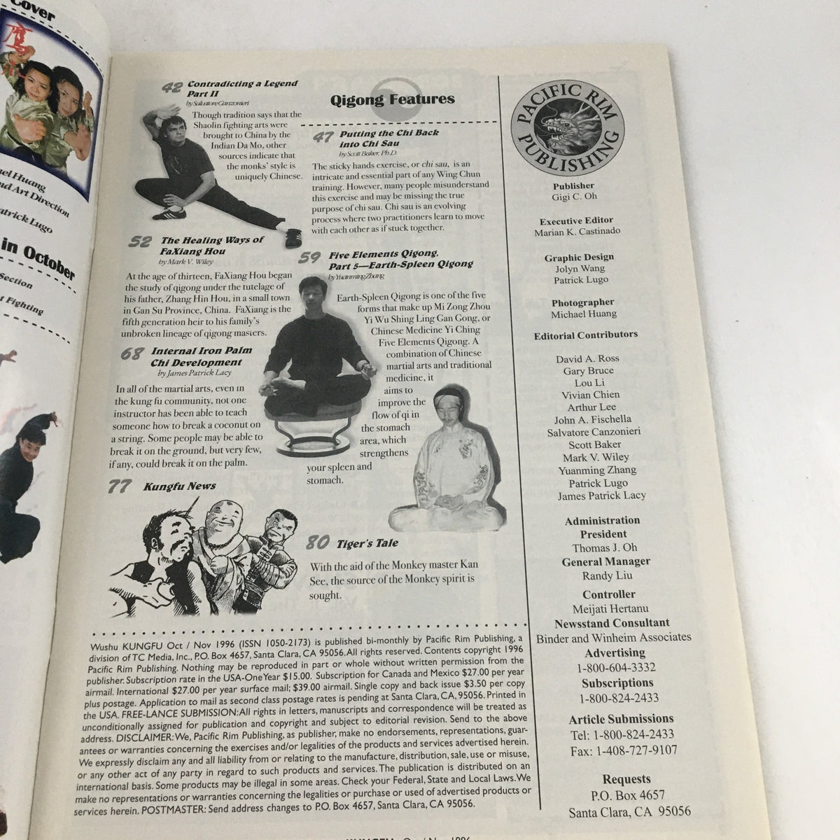 Another page from Qigong Wushu Kung Fu Magazine, October November 1996, showcasing Qigong features and contributions related to traditional martial arts practices.