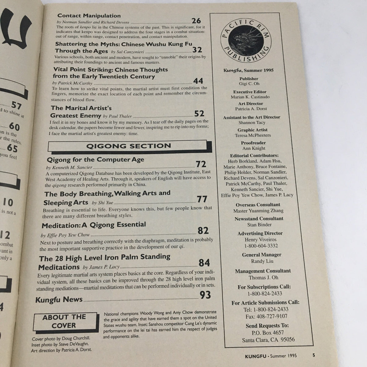 Continued table of contents from Qigong Wushu Kung Fu Magazine May-July 1995 showing insights on Qigong practices and upcoming articles.