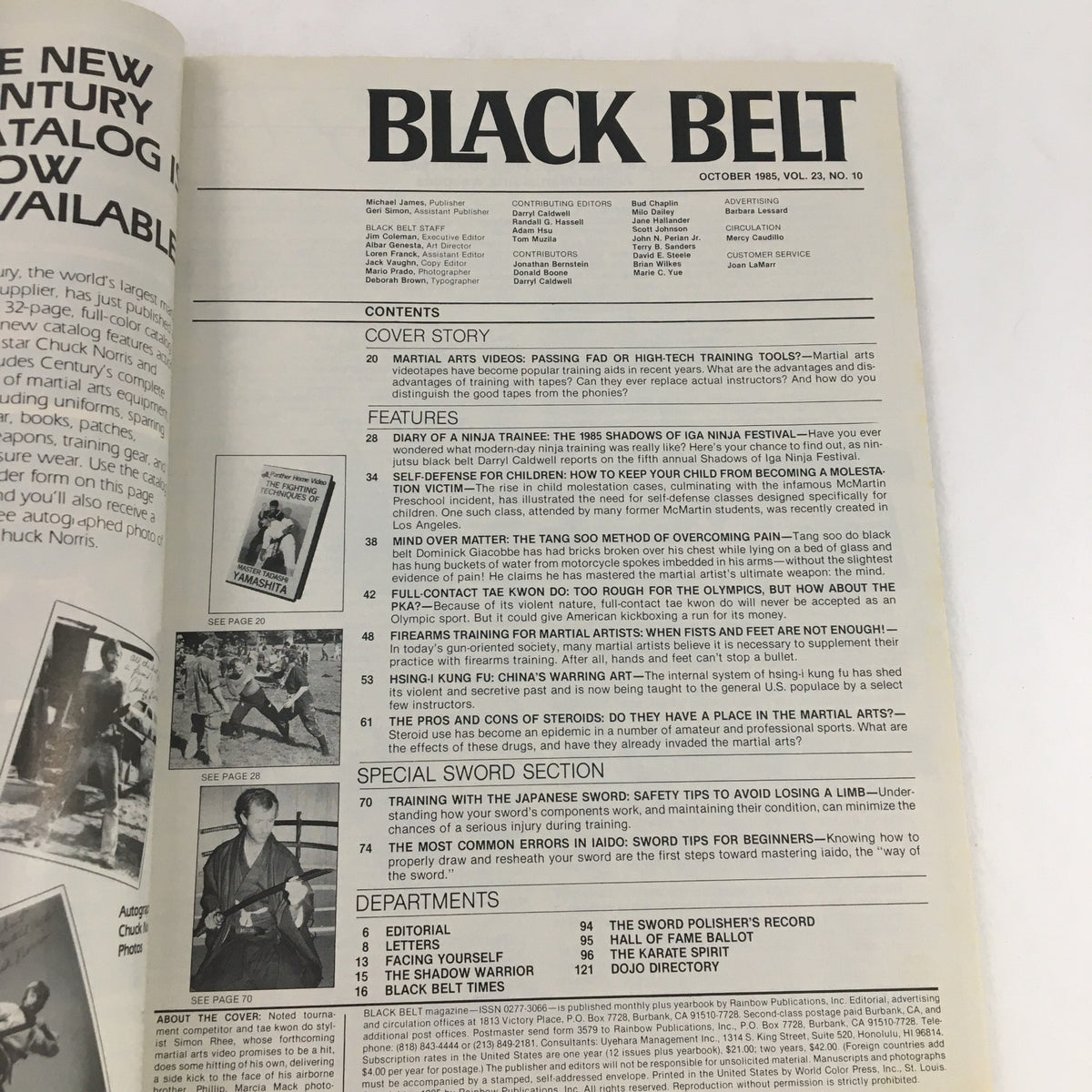 Interior page of Black Belt Magazine October 1985 showcasing the table of contents and features including self-defense for children and martial arts training topics.