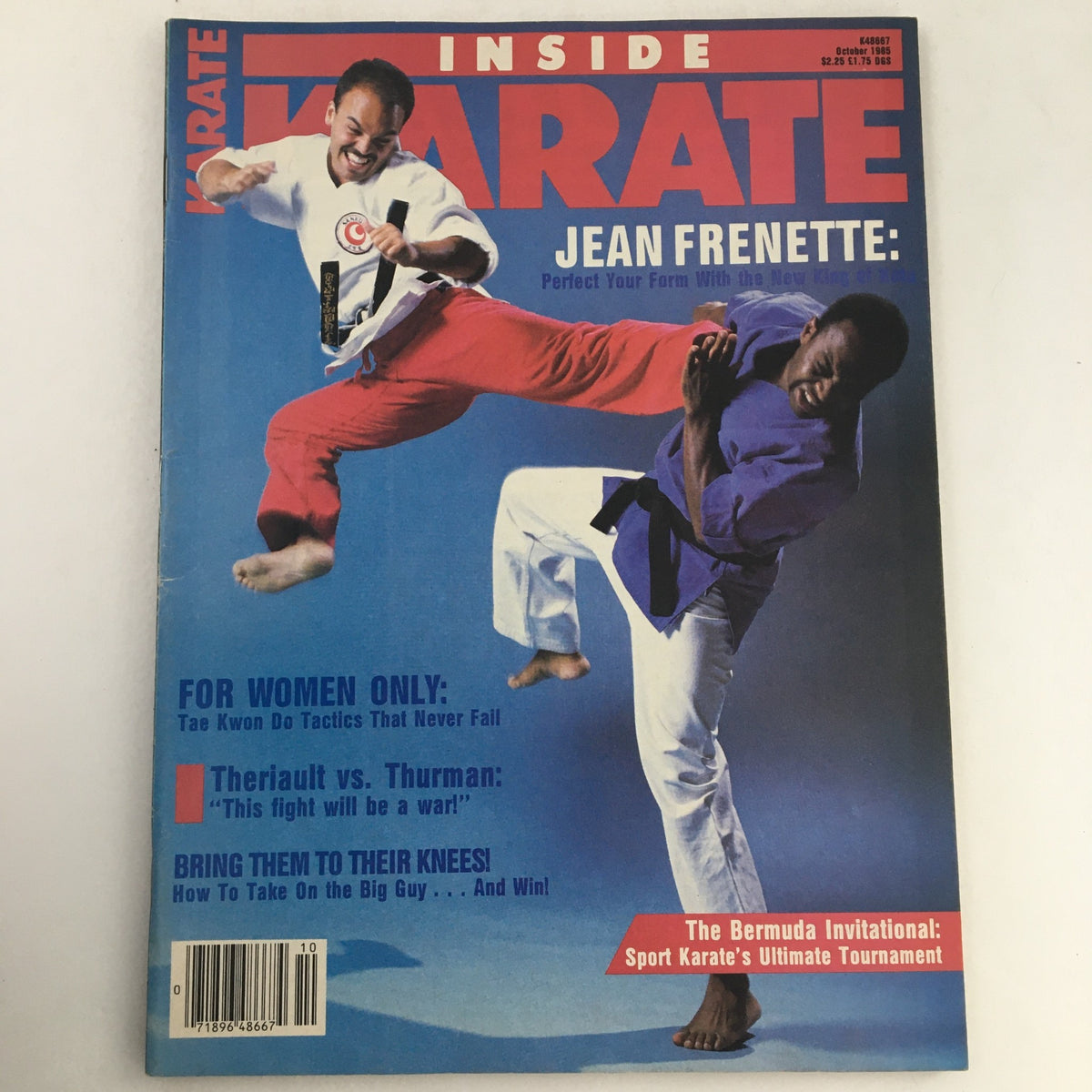 Cover of Inside Karate Magazine October 1985 featuring Stunt Coordinator Jean Frenette demonstrating martial arts techniques, showcasing action and energy in vintage martial arts culture.