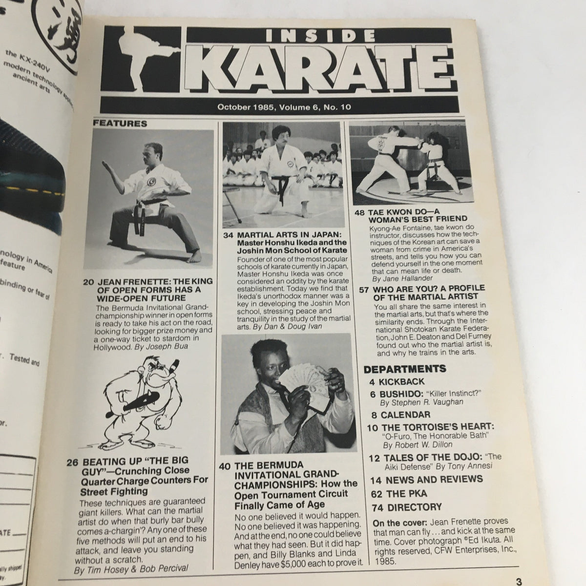 Contents page of Inside Karate Magazine October 1985, detailing feature articles on martial arts, including profiles and techniques, highlighting the magazine's focus on the karate community.