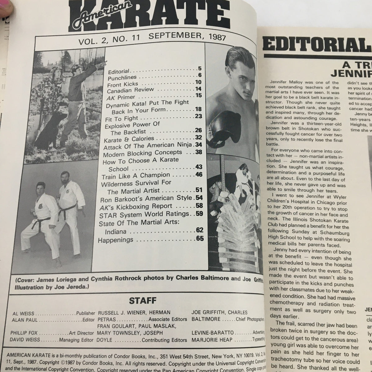 Interior page of American Karate Magazine September 1987 showcasing the content table with articles on martial arts including features on training techniques and editorials.