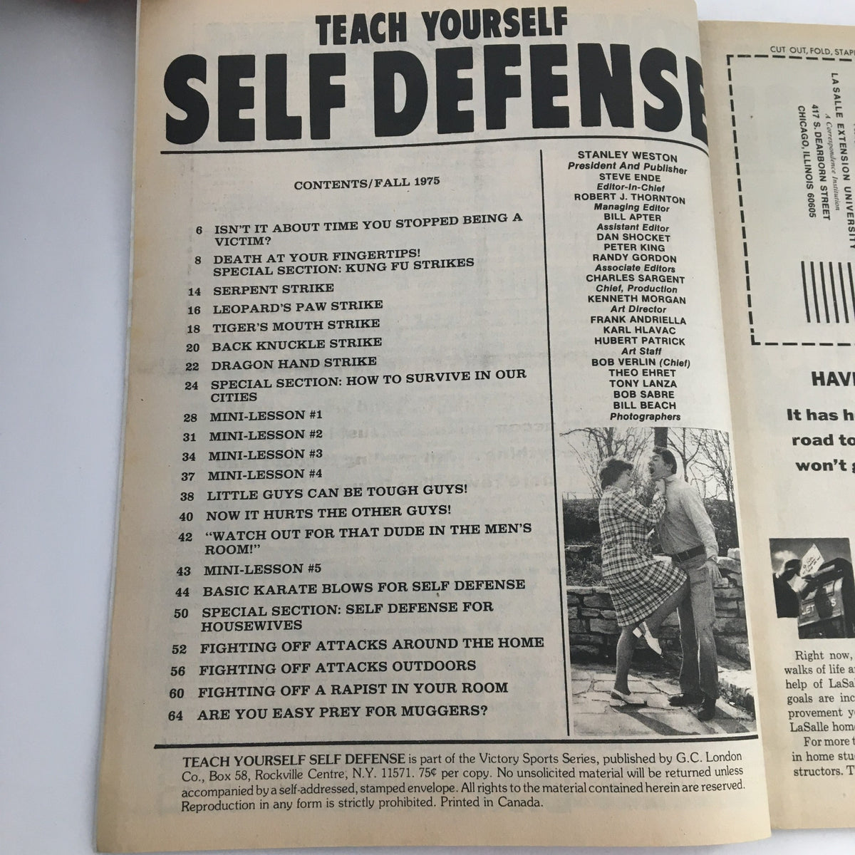 Inside contents of Teach Yourself Self Defense Magazine Fall 1975, listing various self-defense techniques and articles, highlighting sections for housewives.