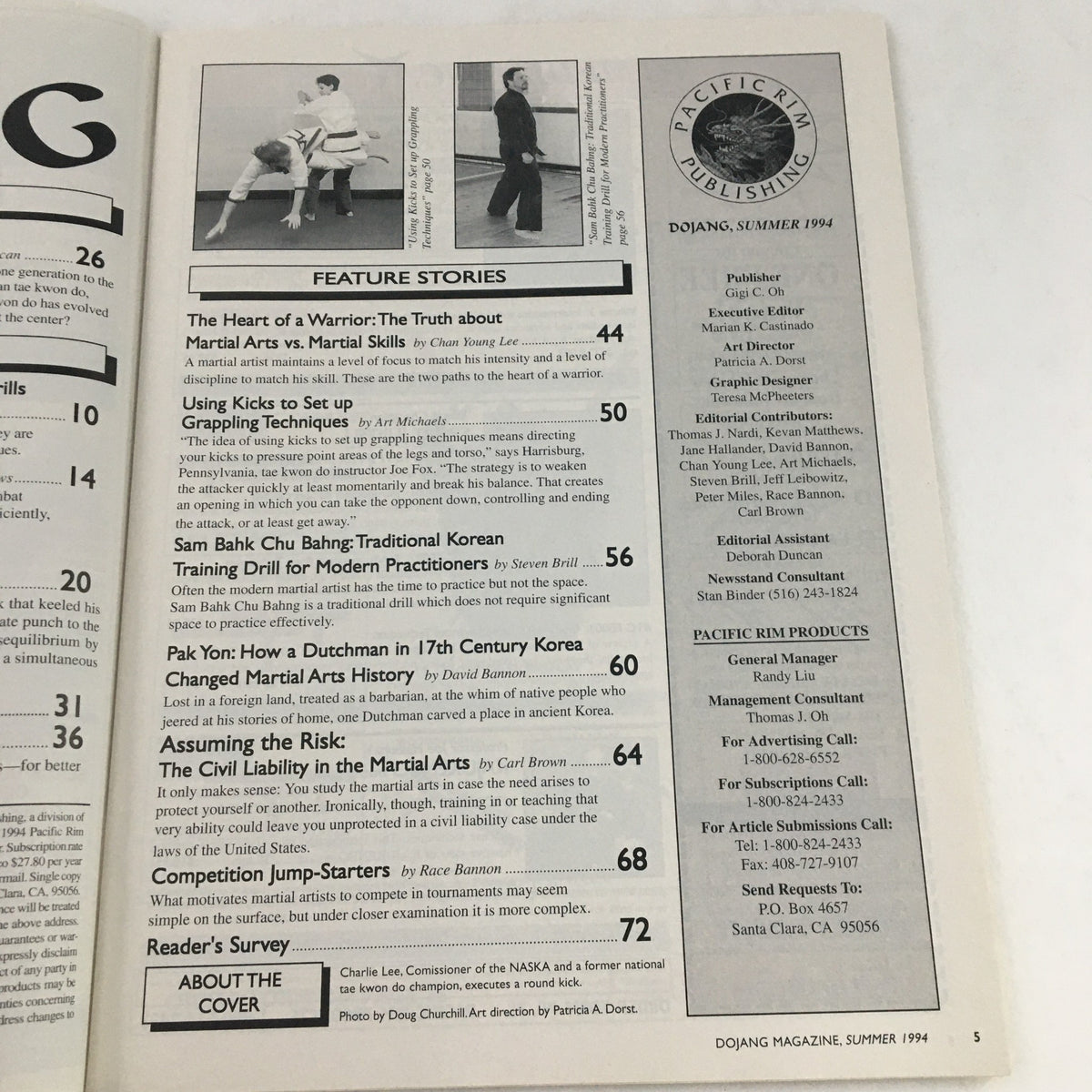 Feature page from Mudo Dojang Magazine Summer 1994 detailing articles on martial arts history and techniques, highlighting Charlie Lee's role as commissioner.