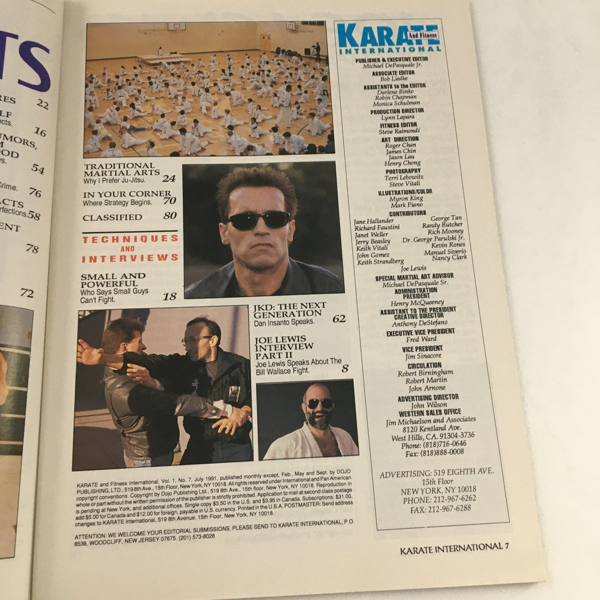 Back cover of Karate International Magazine July 1991 showcasing an article list including traditional martial arts insights, techniques, and interviews. Features an image of Arnold Schwarzenegger and Joe Lewis, reflecting the pivotal role they played in the martial arts landscape of the early 90s.