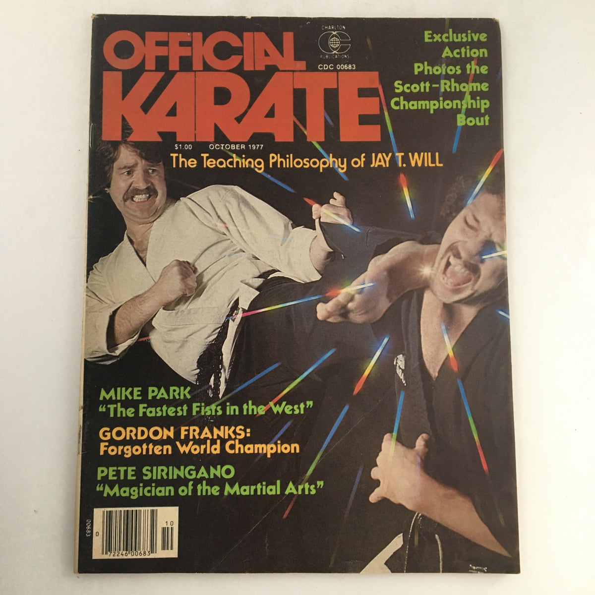 Cover of Official Karate Magazine October 1977 Vol 9 #71 featuring martial artist Jay T. demonstrating a roundhouse kick, showcasing a vibrant design and notable articles.