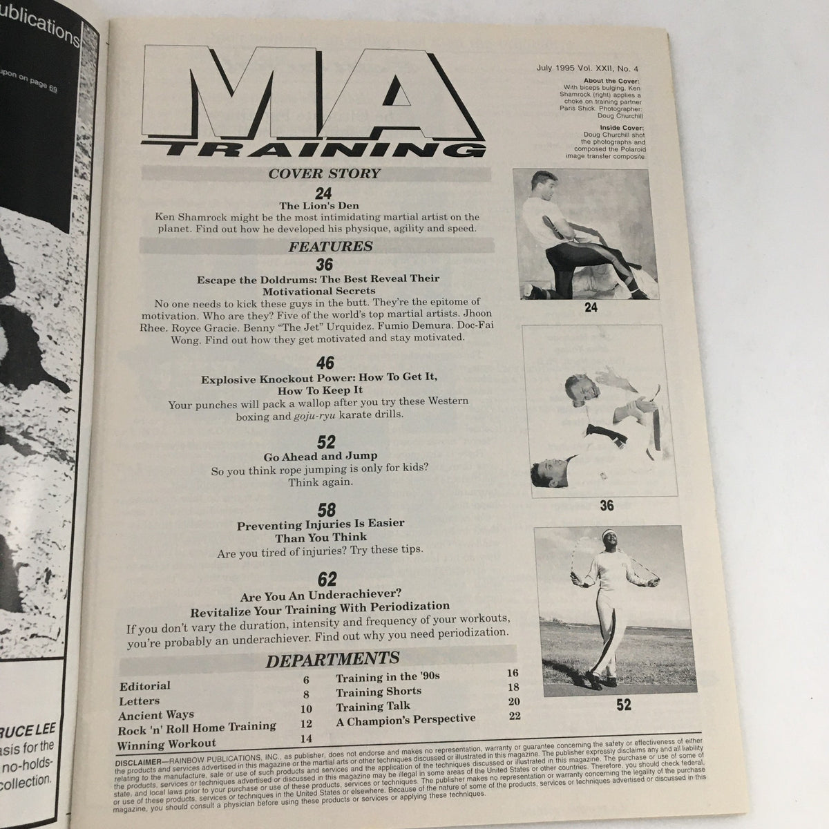 Interior page of M.A. Training Magazine July 1995, Volume 22, Issue #4, showcasing articles on martial arts training and motivational strategies, including a cover story about Ken Shamrock.
