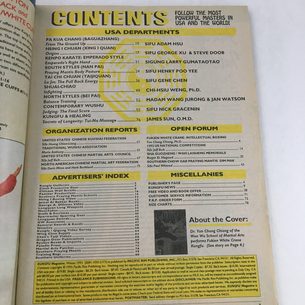 Contents page of Wushu Kung-Fu Magazine Winter 1993, listing various articles and features, including a focus on Fukien White Crane and Dr. Yun Chiang's contributions.