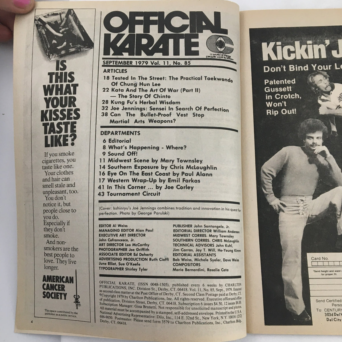 Inside page of Official Karate Magazine September 1979, displaying the contents including articles on karate, martial arts techniques, and Joe Jennings.