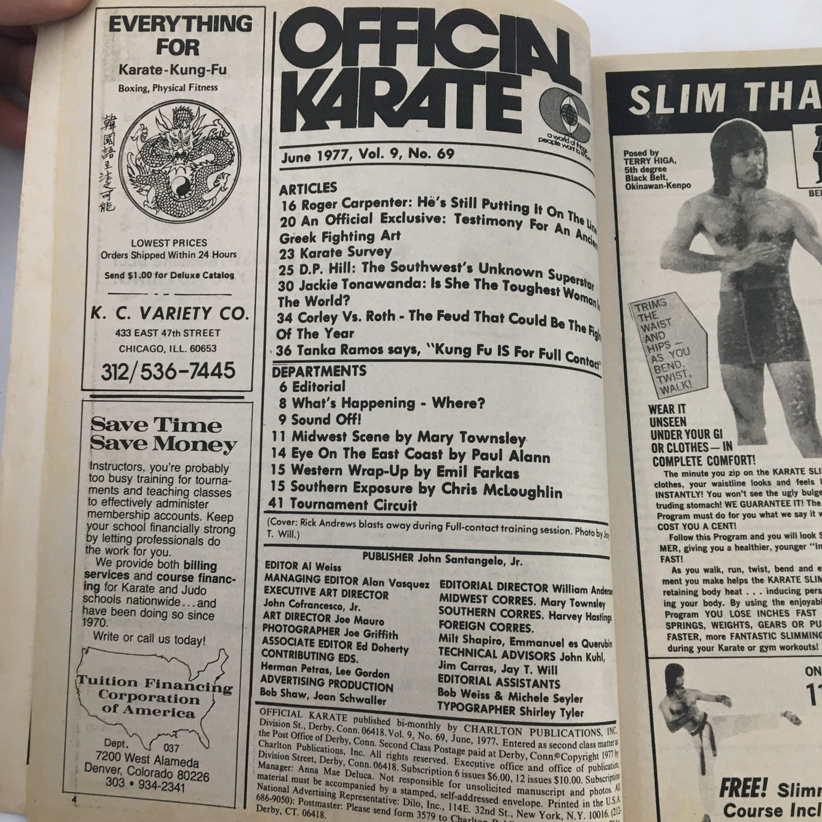 Interior page of Official Karate Magazine June 1977 Vol 9 #69 showing the table of contents and articles related to karate and martial arts.