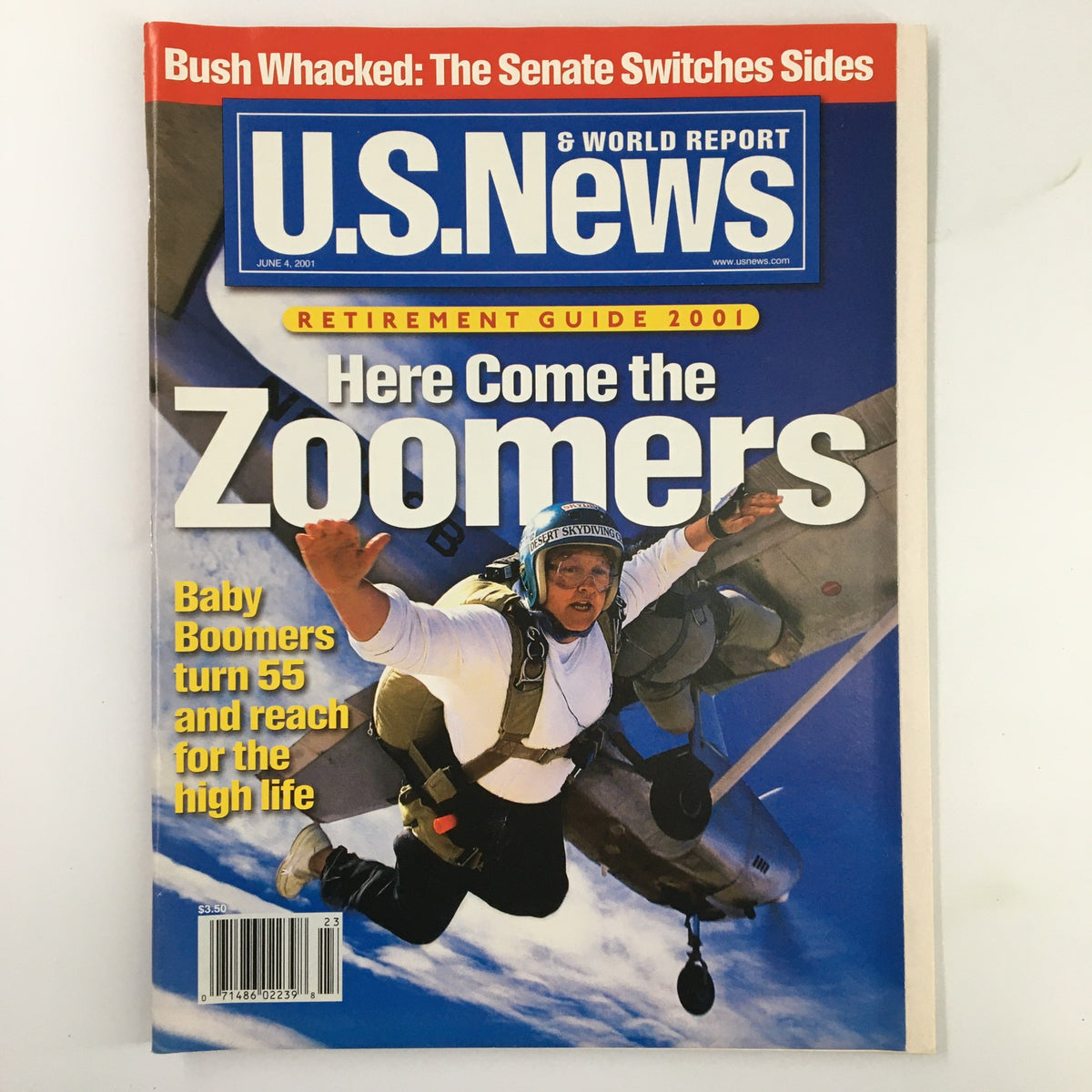 Cover of US News & World Report Magazine from June 4, 2001, featuring the headline 'Here Come the Zoomers' with an image of a skydiver, illustrating the cultural shifts towards Generation Z.