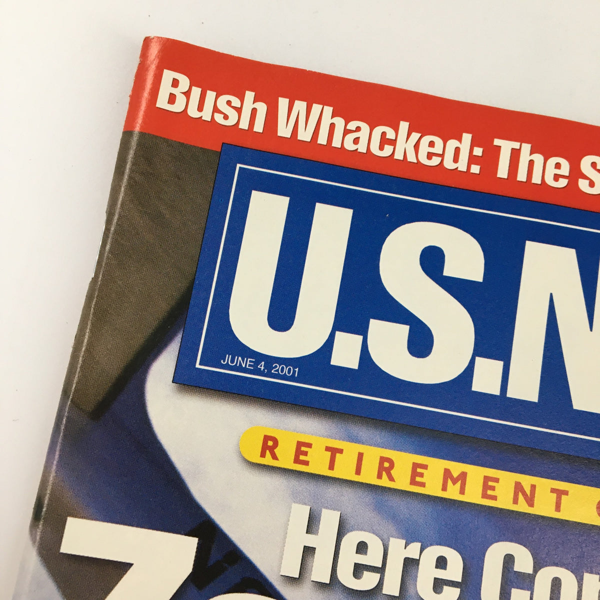 Close-up of the top corner of US News & World Report Magazine dated June 4, 2001, displaying the title and notable headline 'Bush Whacked: The Senate Switches Sides' alongside the 'Here Come the Zoomers' feature.
