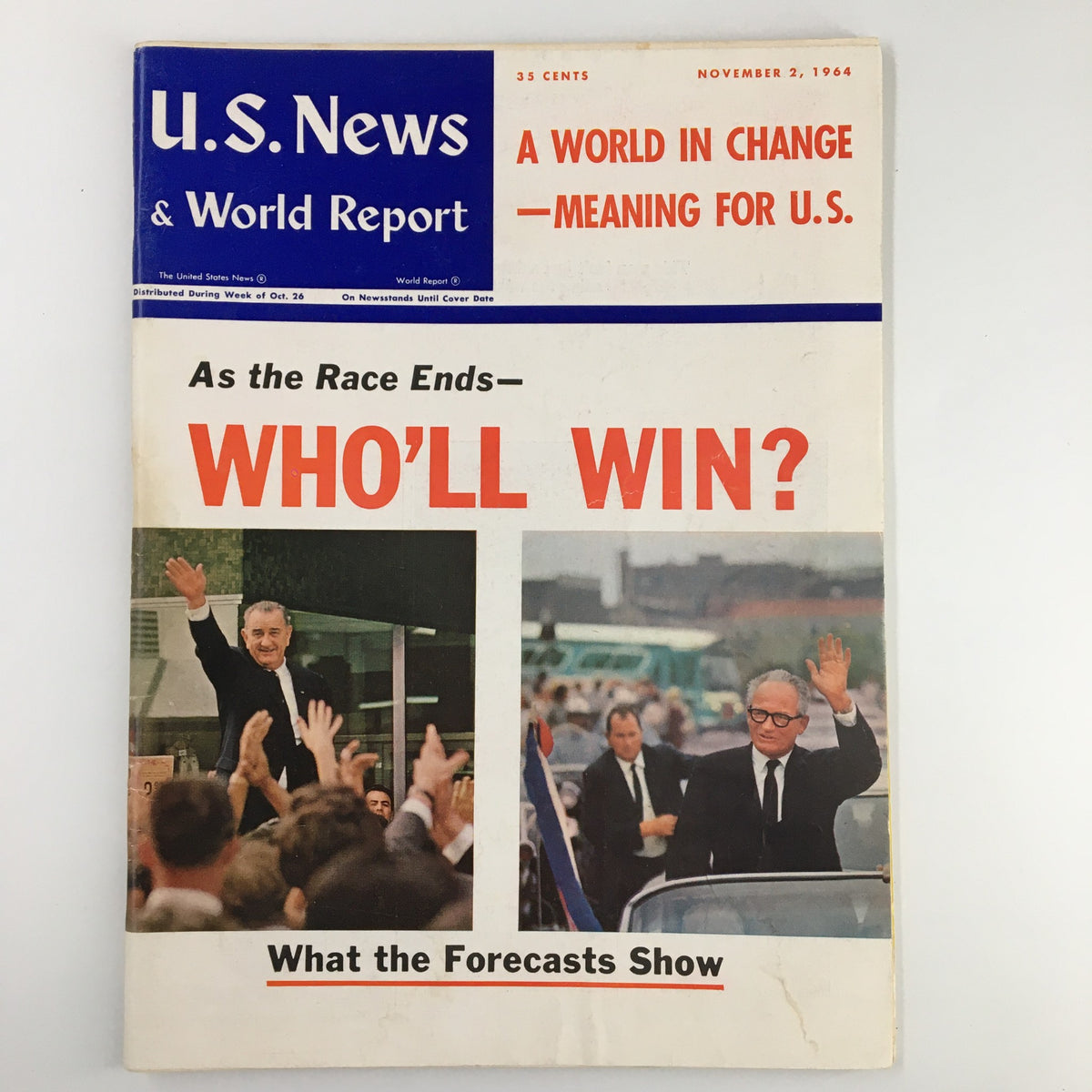 Cover of US News & World Report Magazine from November 2, 1964, featuring a pivotal political moment in the presidential race between Lyndon Johnson and Barry Goldwater, with the headline 'WHO'LL WIN?' highlighting the intensity of the election.