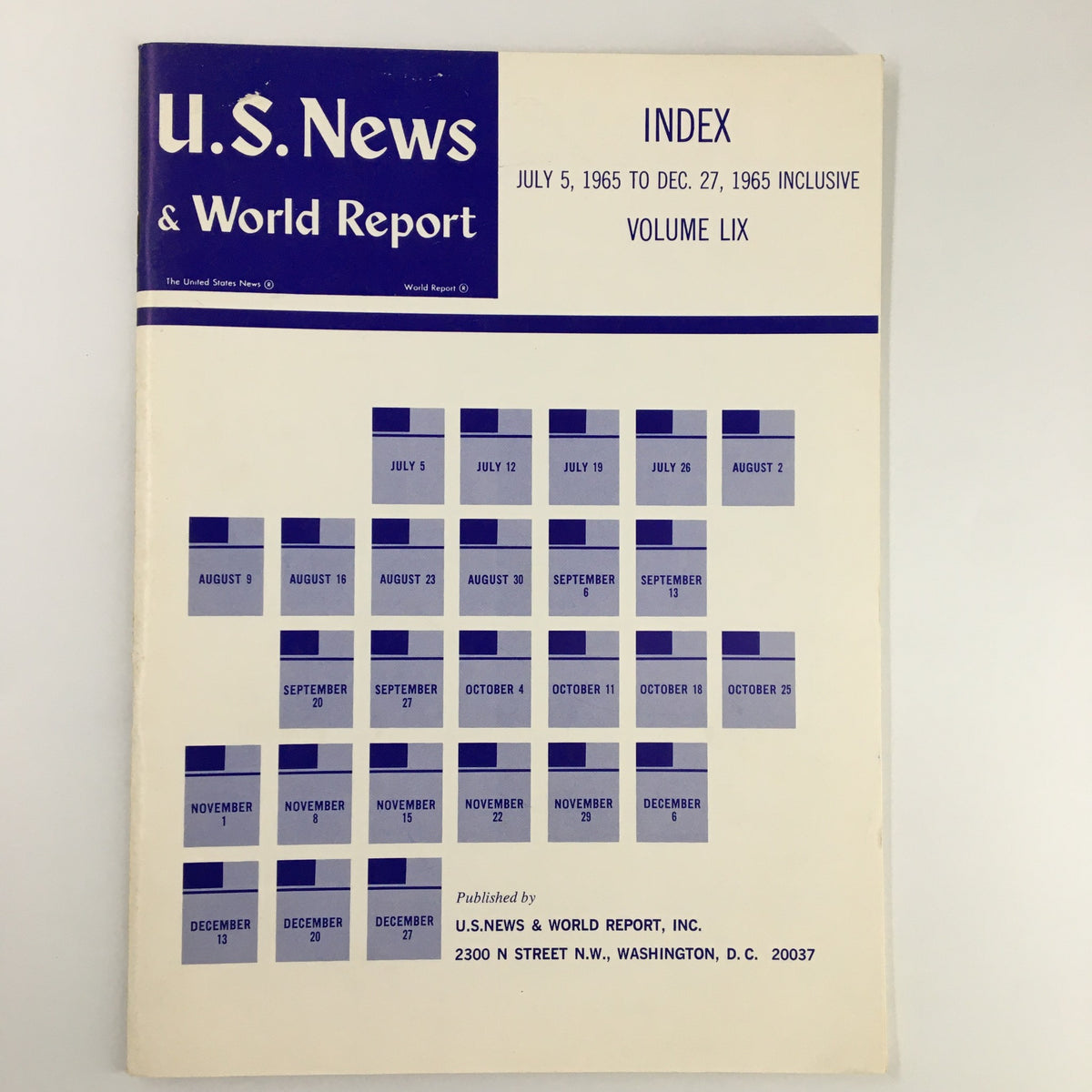 Cover of US News & World Report Magazine July 5 1965, featuring the index for Volume LIX with publication details.