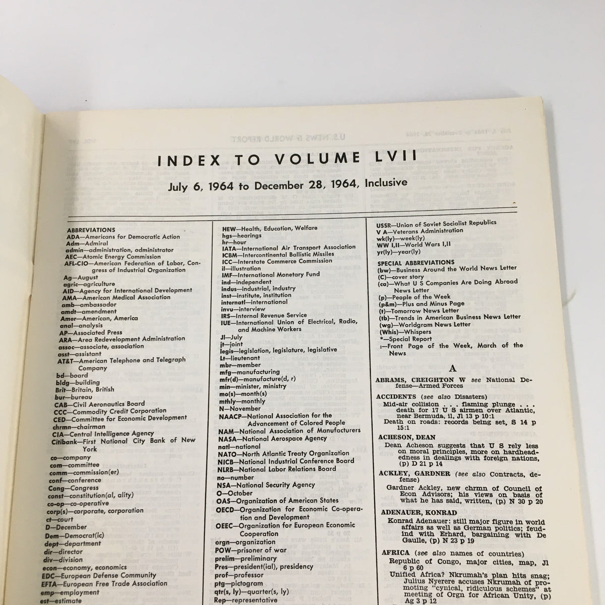 Index page of the US News & World Report Magazine, July 6, 1964, Volume LVII, showcasing the list of abbreviations and topics covered in the magazine.