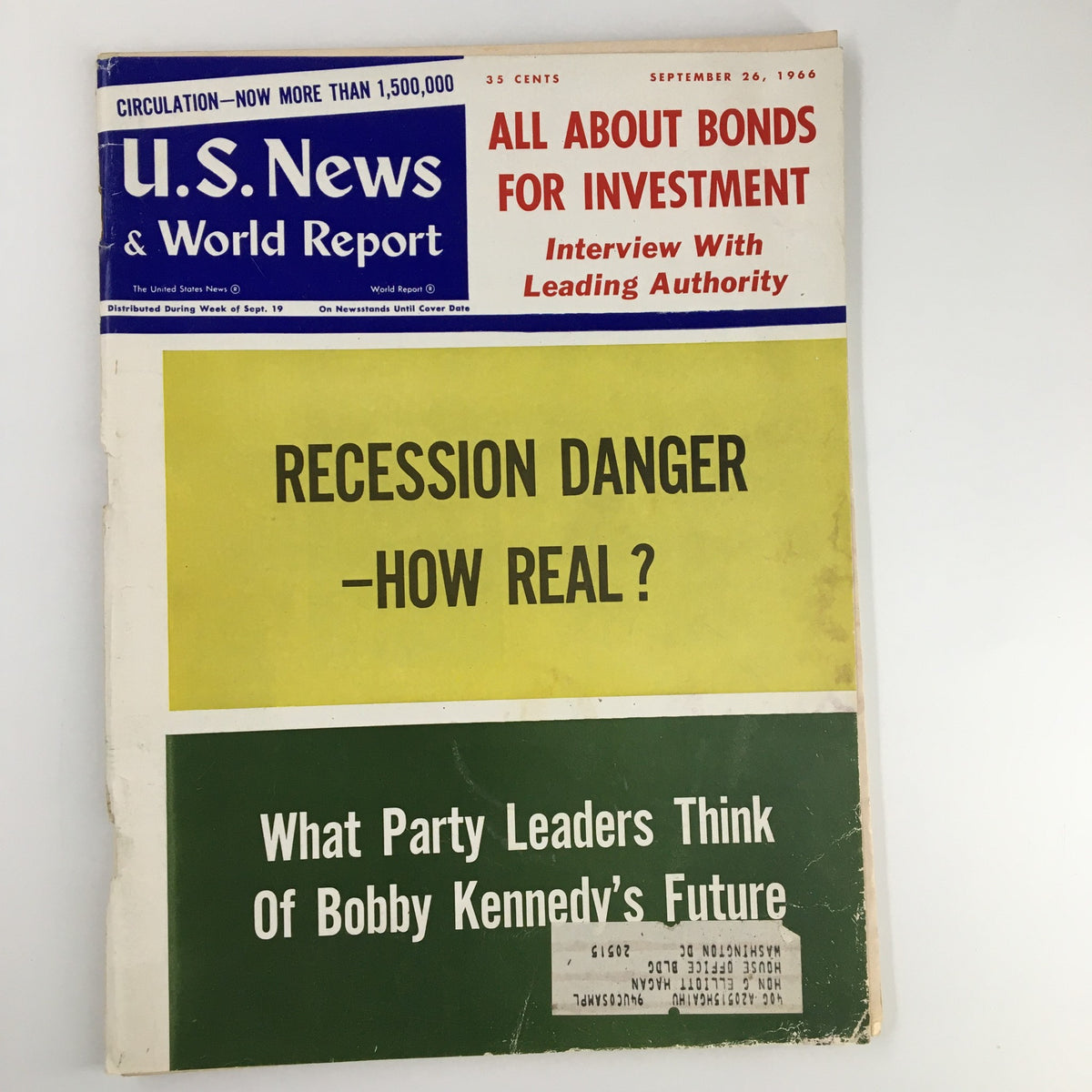 Cover of US News & World Report Magazine from September 6, 1966, featuring headlines on bonds for investment, recession danger, and opinions on Bobby Kennedy's future.