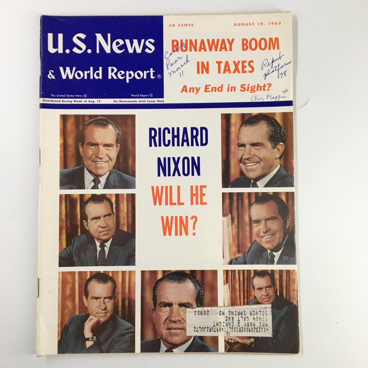 US News & World Report Magazine August 19, 1968 featuring Richard Nixon on the cover with the question 'Will He Win?' illustrating a pivotal moment in American electoral history.