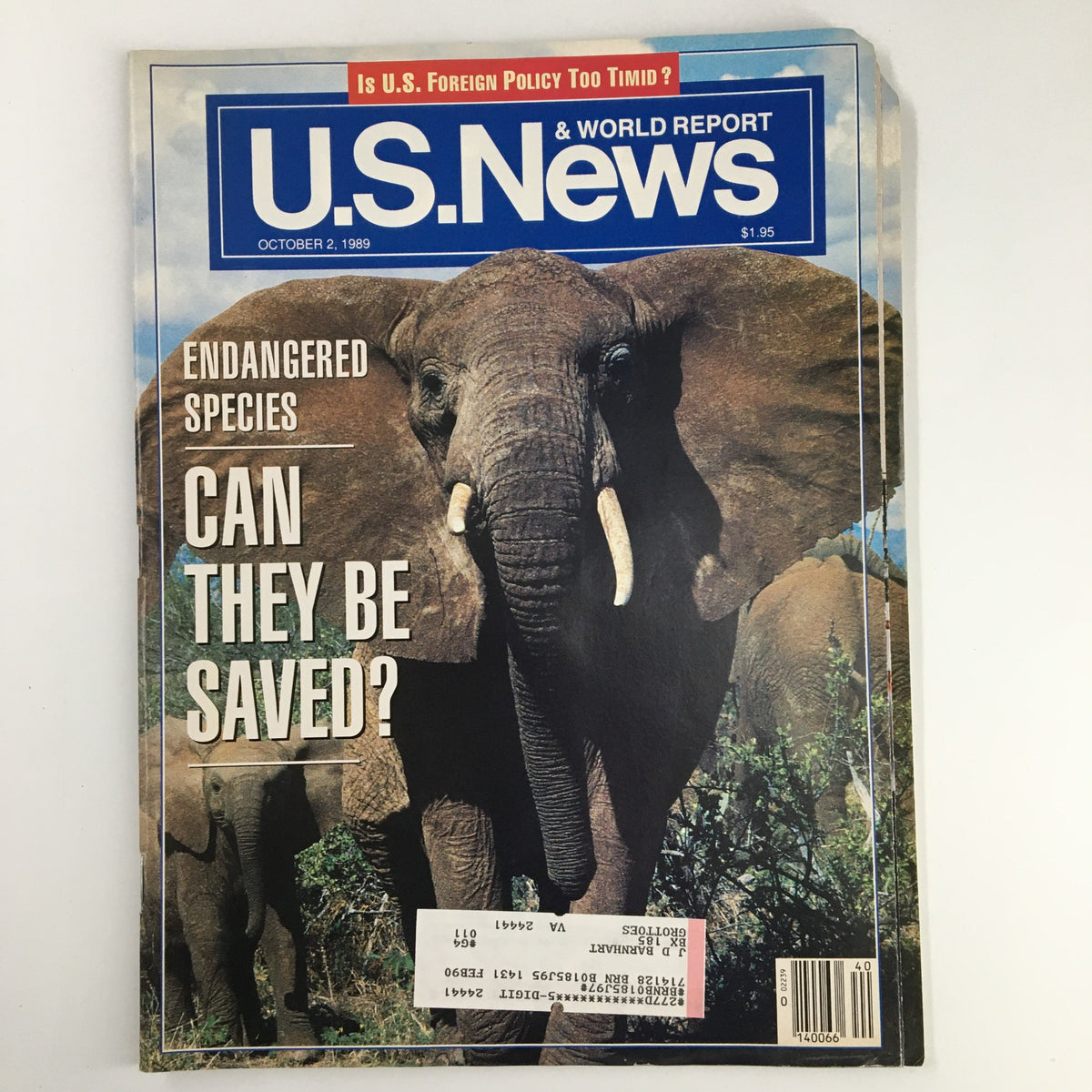 Cover of US News & World Report Magazine - October 2, 1989, featuring an elephant with the headline 'Endangered Species: Can They Be Saved?' highlighting the plight of elephants as an endangered species.