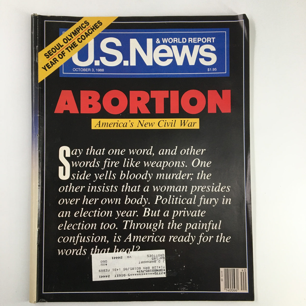 Cover of US News & World Report Magazine, October 3, 1988, featuring the title 'Abortion: America's New Civil War' with a striking black background and bold red lettering.