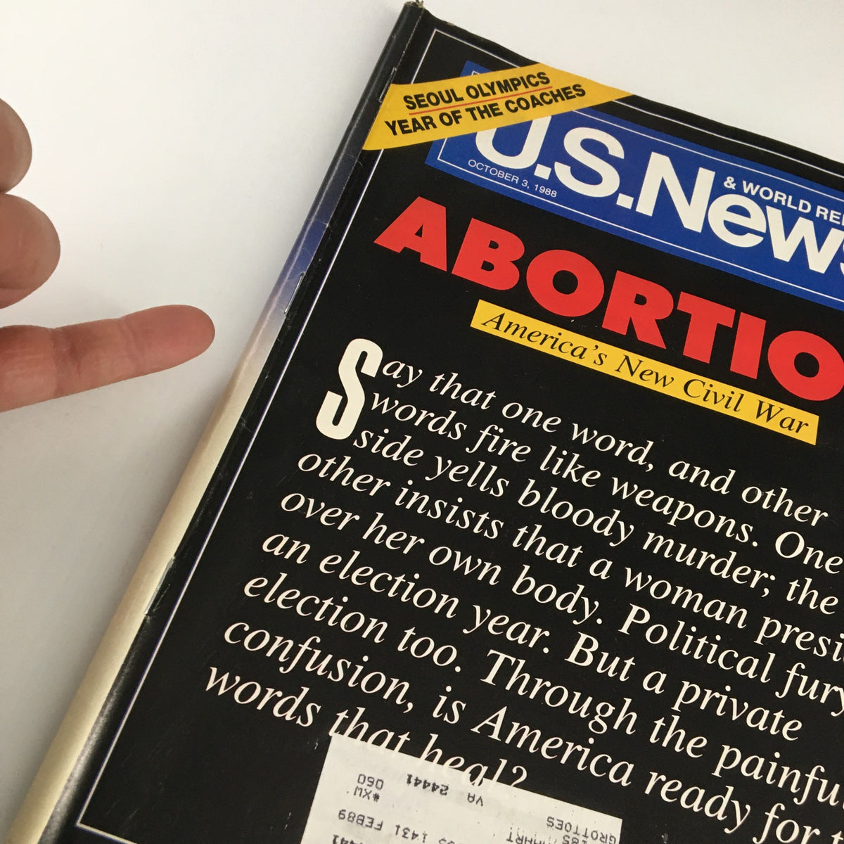Close-up of the cover of US News & World Report Magazine, October 3, 1988, highlighting the title 'Abortion: America's New Civil War' and text discussing the polarized views on abortion during that era.
