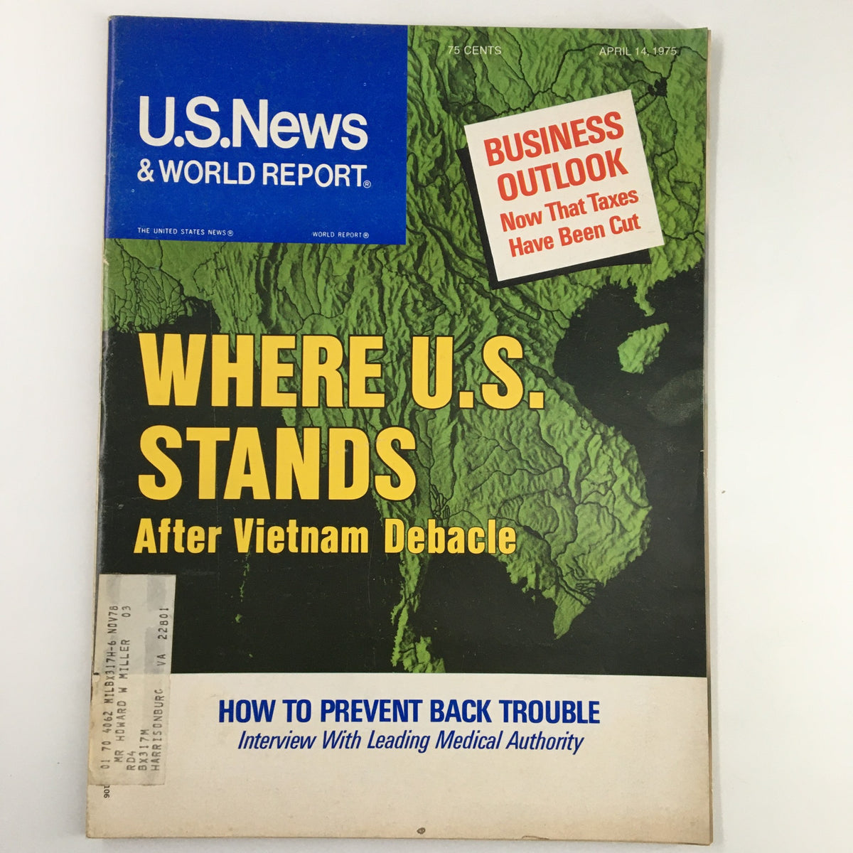 Cover of US News & World Report Magazine from April 14, 1975, featuring the title 'Where U.S. Stands After Vietnam Debacle.' The cover highlights insights into the aftermath of the Vietnam War, with a colored map of the United States, and mentions a business outlook on tax cuts.