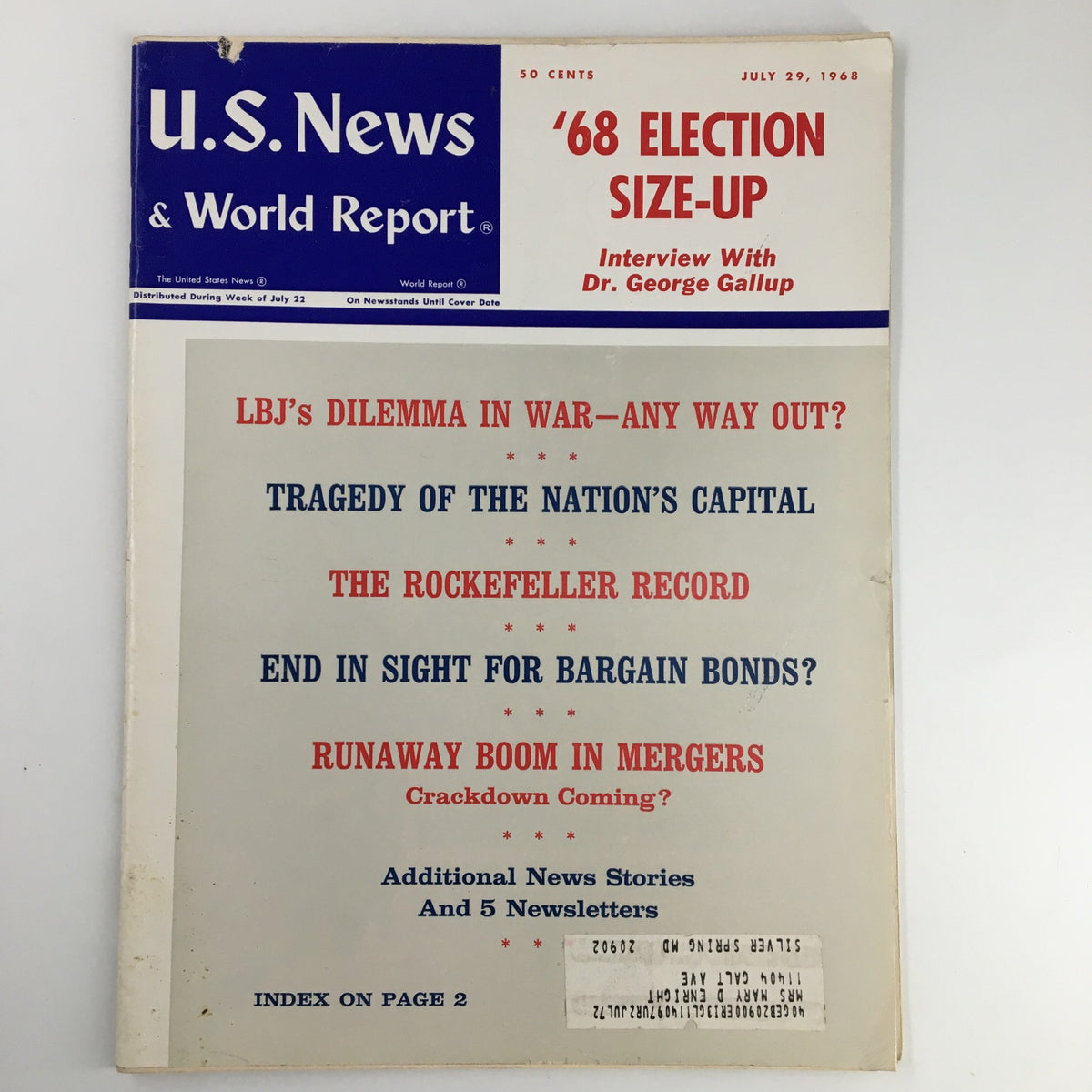 Front cover of US News & World Report Magazine from July 29, 1968, featuring the title 'LBJ's Dilemma in War - Any Way Out?' and highlighting political topics like the 1968 election and the Rockefeller Record.