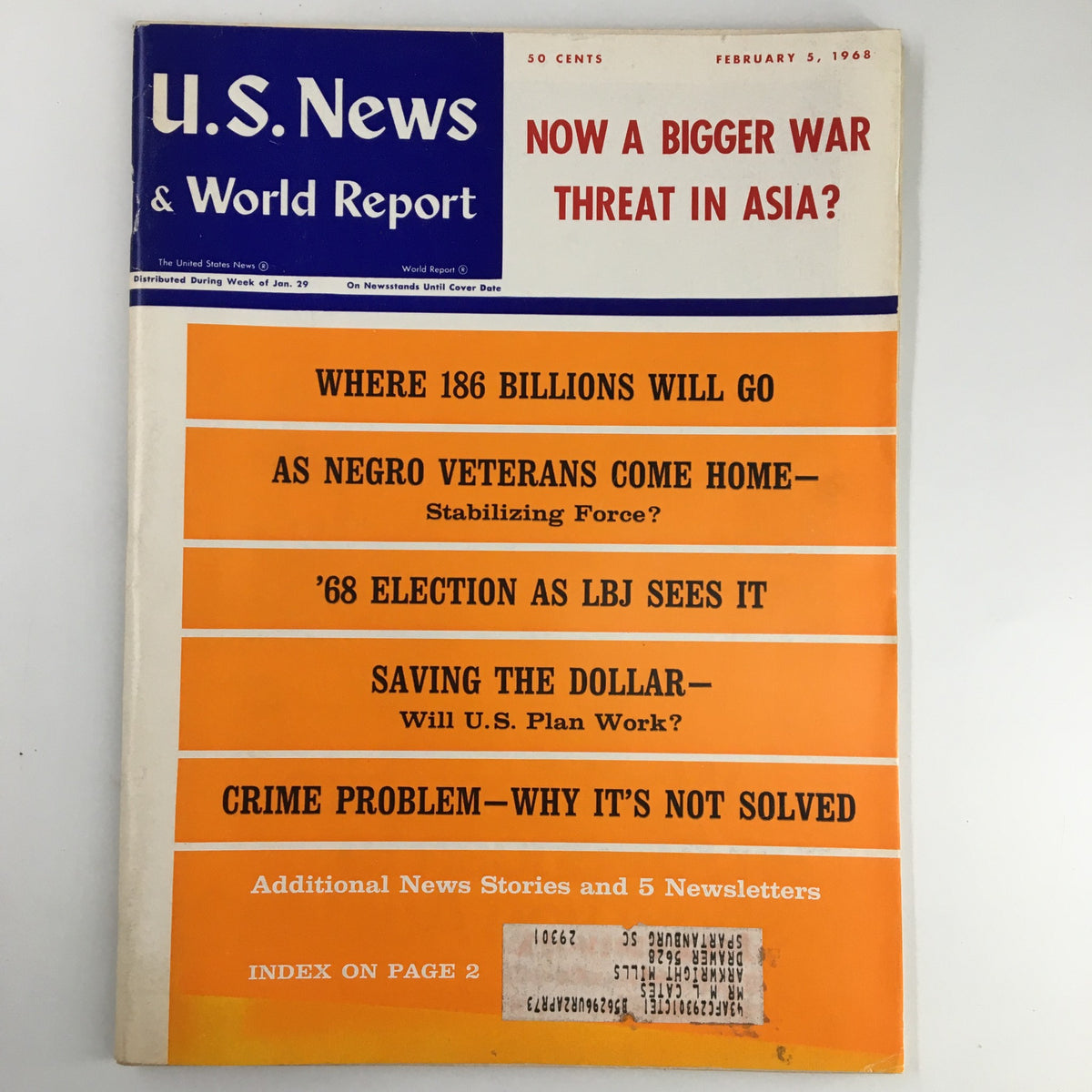 Cover of US News & World Report Magazine from February 5, 1968, featuring the theme 'As Negro Veterans Come Home'. Highlights include articles on war threats in Asia, the 1968 election, and socio-economic issues. The vibrant orange and blue design enhances the historical significance of this issue.