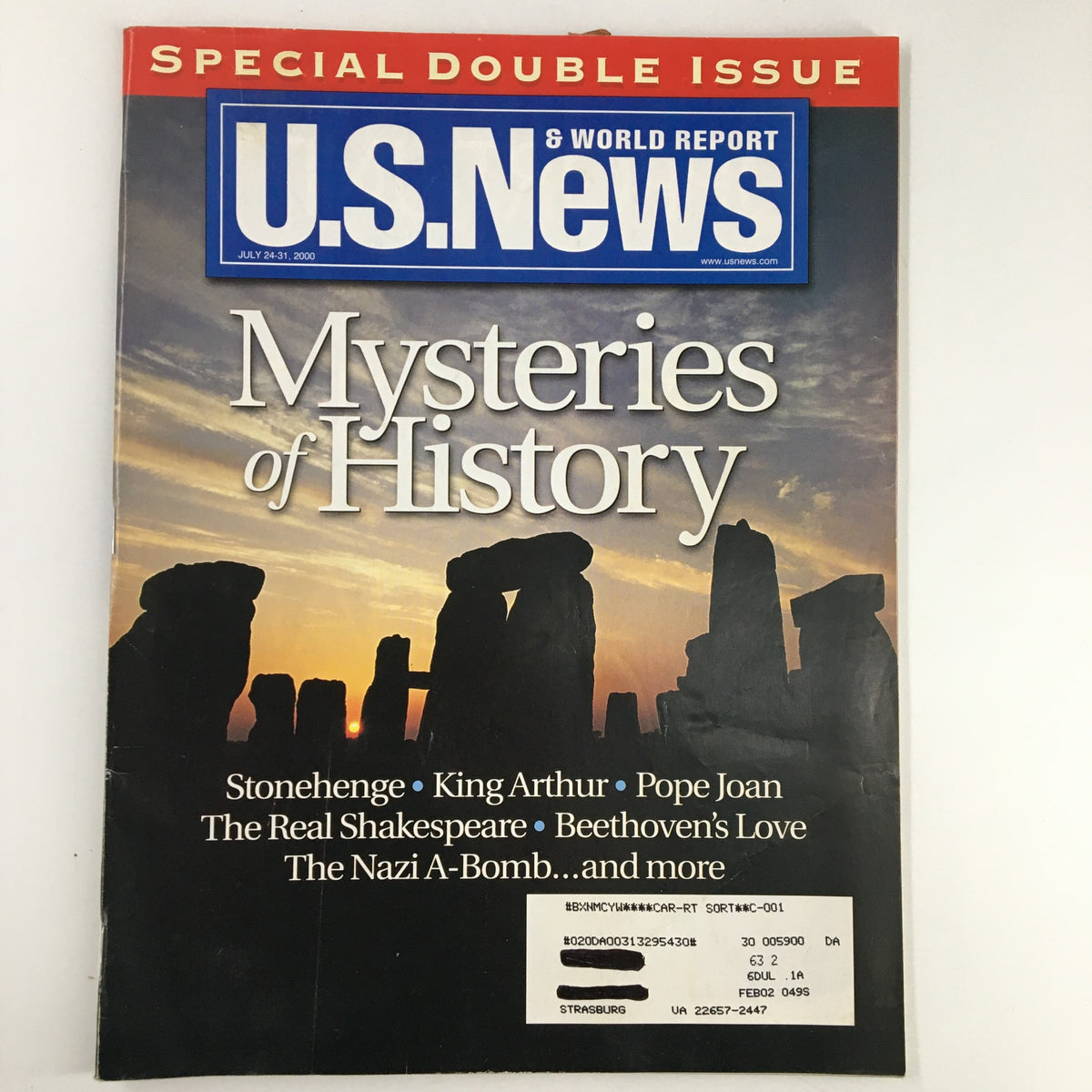 US News & World Report Magazine cover from July 24, 2000, featuring the title 'Mysteries of History' with a focus on Stonehenge, King Arthur, and other historical topics.
