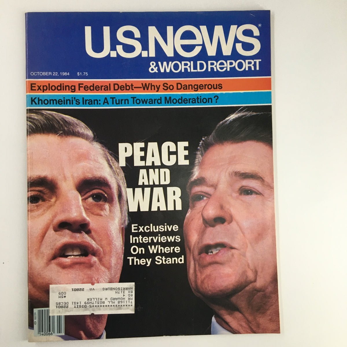 US News & World Report Magazine from October 22, 1984, featuring a cover story on Ronald Reagan, titled 'Peace and War'. The cover displays images of two men discussing international affairs, highlighting the themes of peace and conflict relevant to that era.