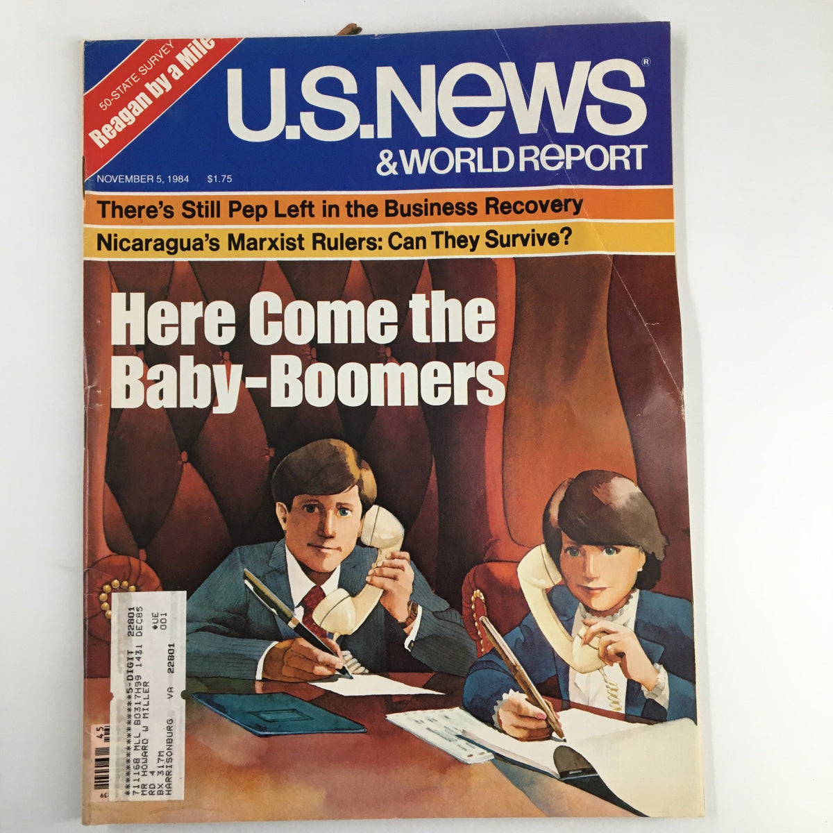 Cover of US News & World Report Magazine dated November 5, 1984, featuring the headline 'Here Comes The Baby-Boomers' with illustrations depicting two young professionals on a phone in an office setting.
