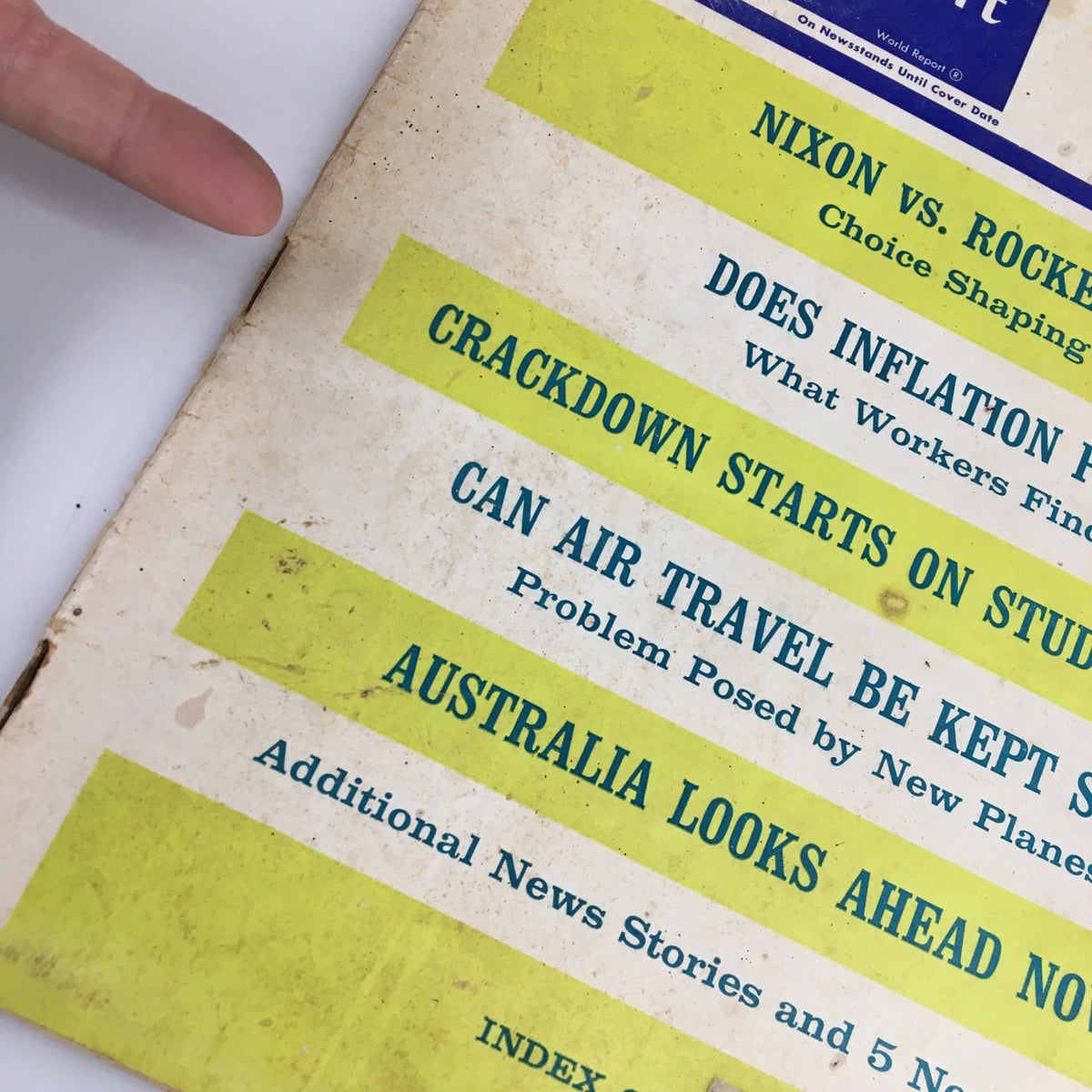 Close-up of the cover of US News & World Report Magazine January 1, 1968 showcasing headlines on politics, inflation, and air travel.