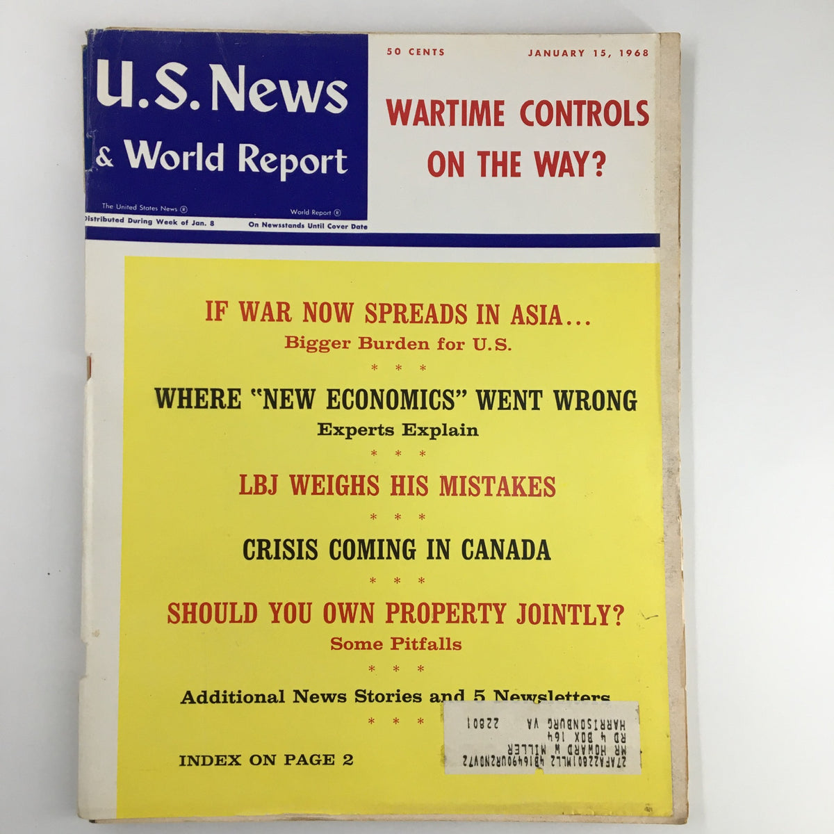 Cover of US News & World Report Magazine January 15 1968 featuring the headline 'Wartime Controls On The Way?' alongside articles on LBJ's mistakes, new economics, and property ownership.