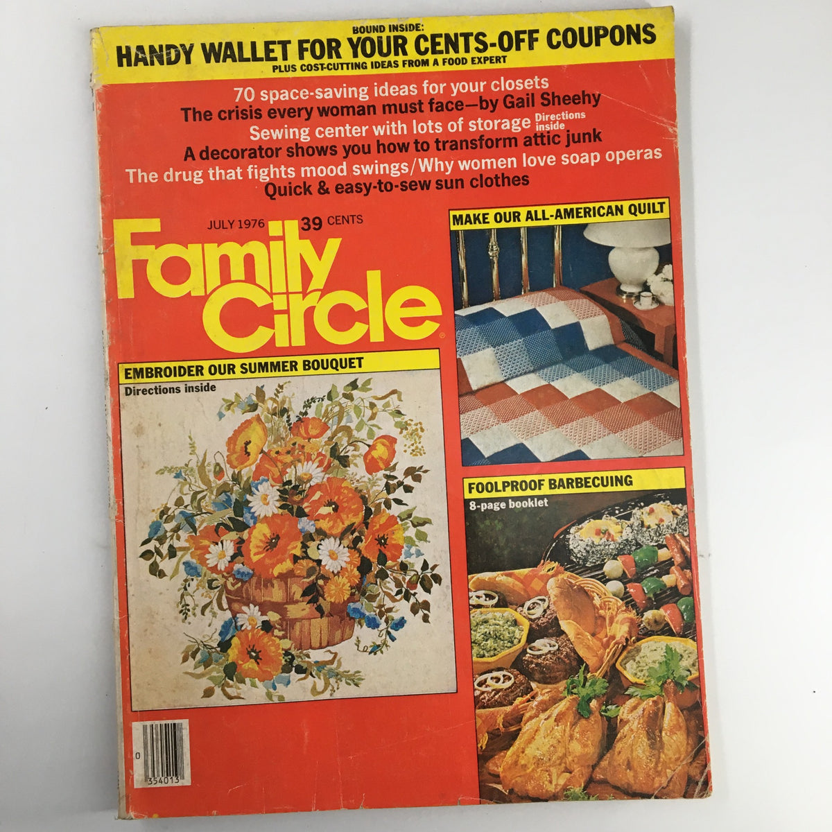 VTG Family Circle Magazine from July 1976 featuring the article 'Make Our All-American Quilt'. The cover showcases a colorful quilt along with other crafting and cooking themes, exemplifying vintage 1970s design.