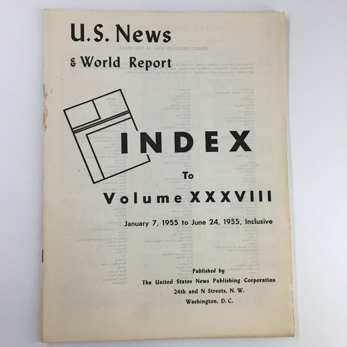 Cover of the US News & World Report Magazine January 7 1955 featuring the Index to Volume XXXVIII, detailing publication dates and publisher information in vintage design.
