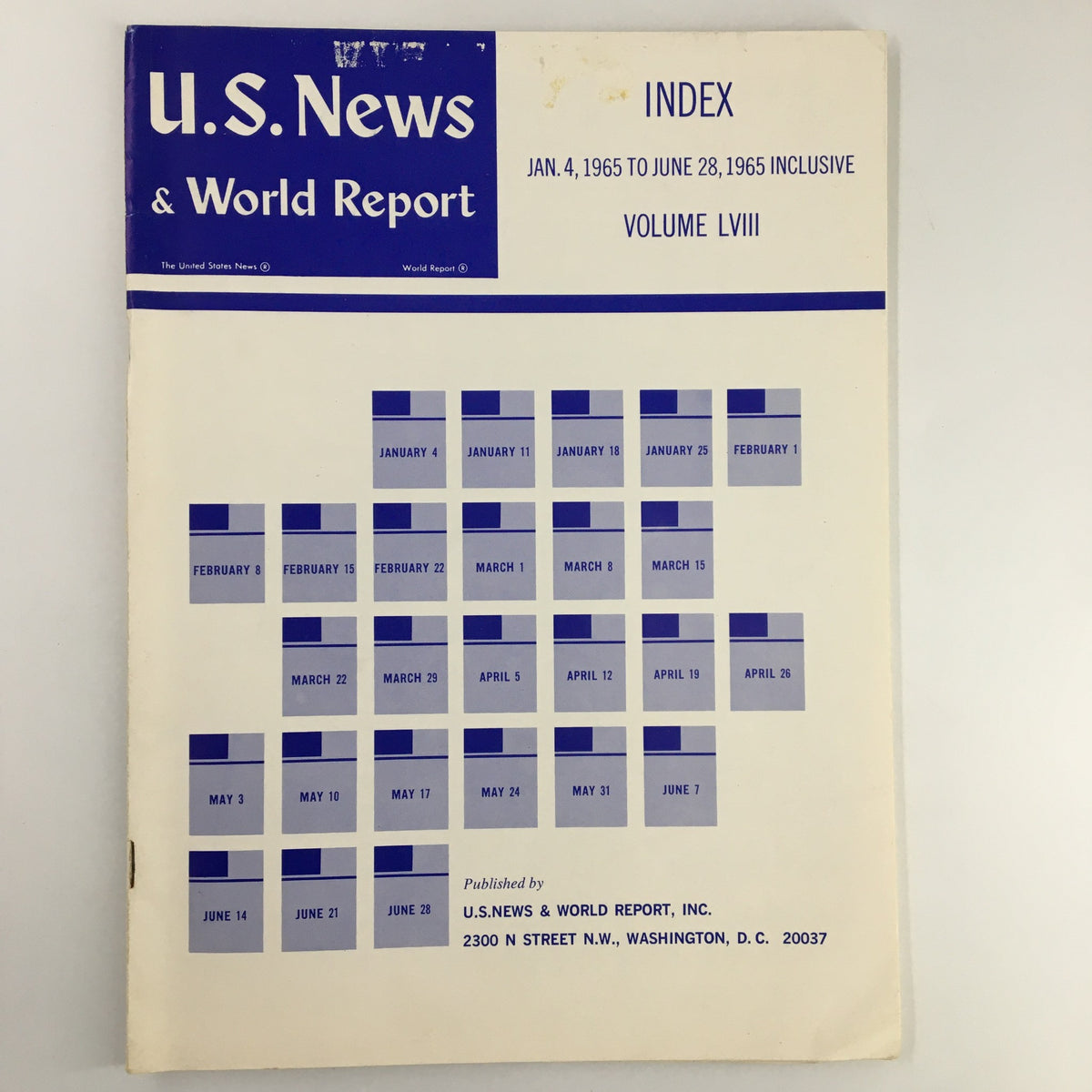 Cover of US News & World Report Magazine January 4, 1965, featuring the index for Volume LVIII, showcasing notable dates and the magazine's branding.